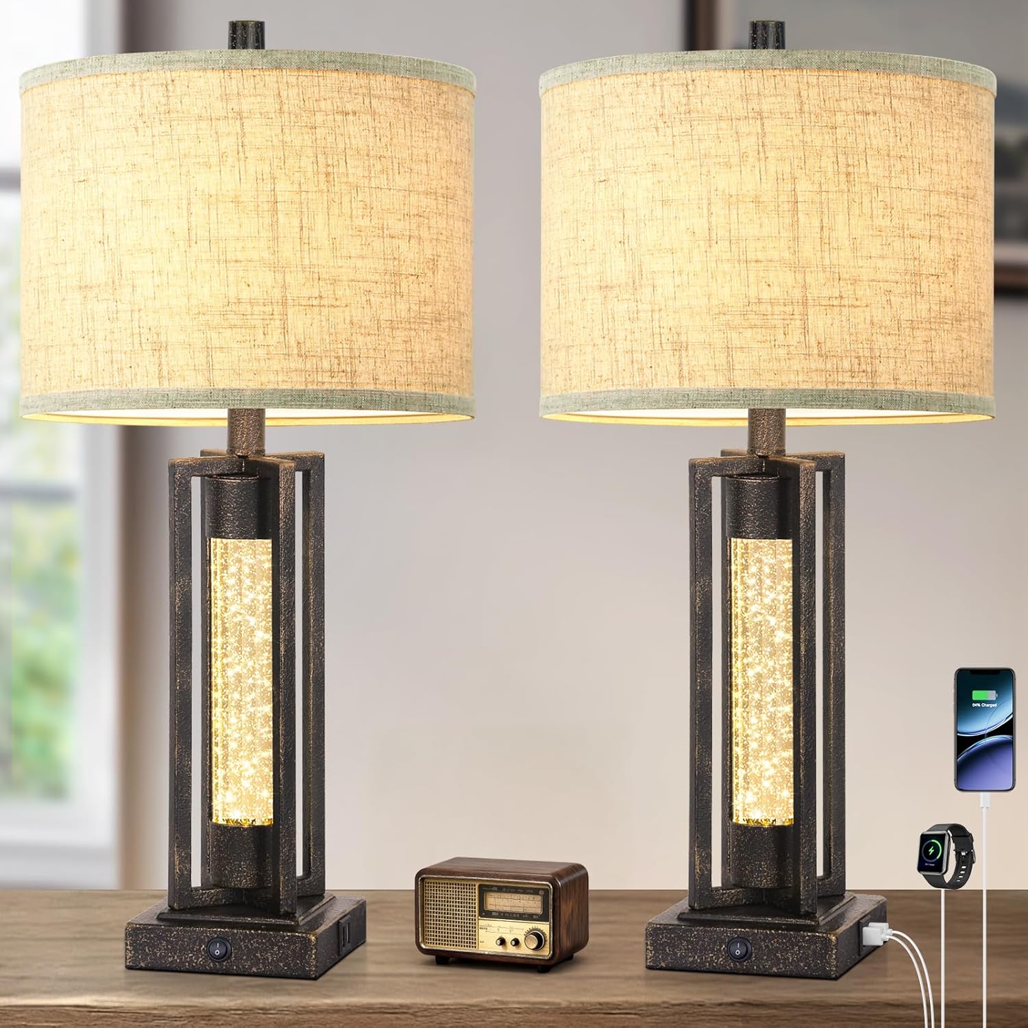 USB Farmhouse Black Bedside Lamp — Set of 2 — 2 Packs-Bronze