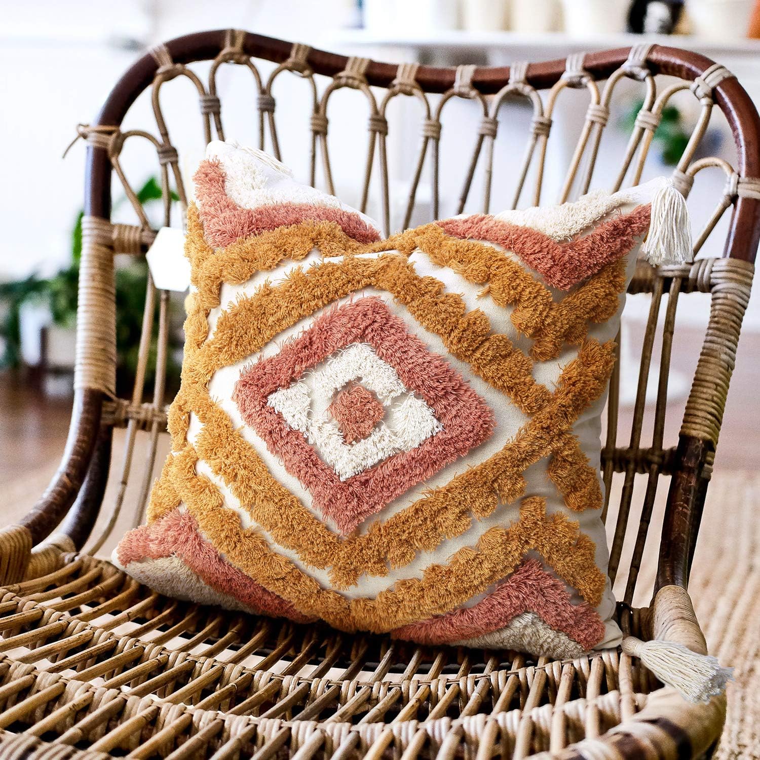 Tufted Boho Orange Throw Pillow Cover — 20" — Orange-a