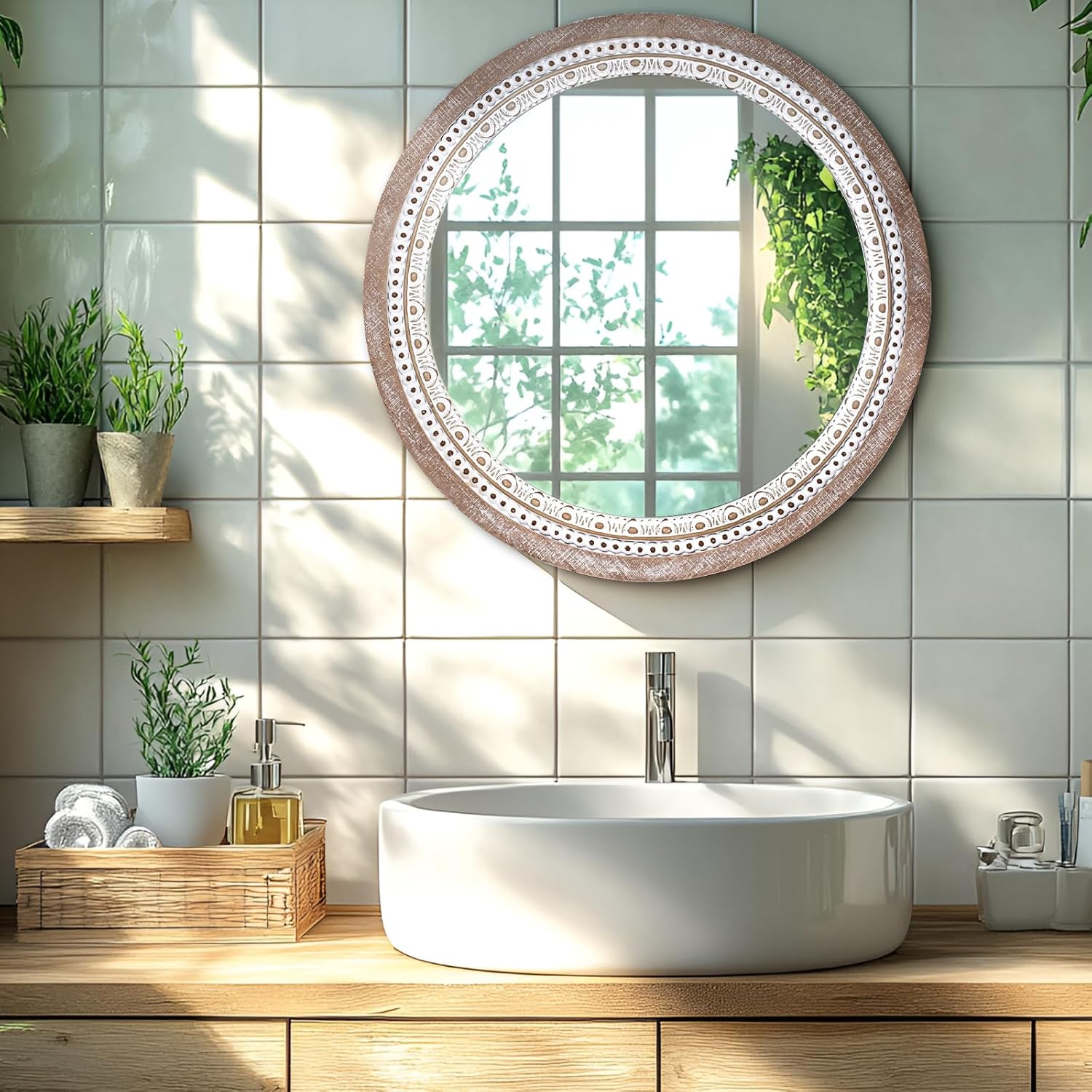Boho Wood Round Mirror — 24" - View 2