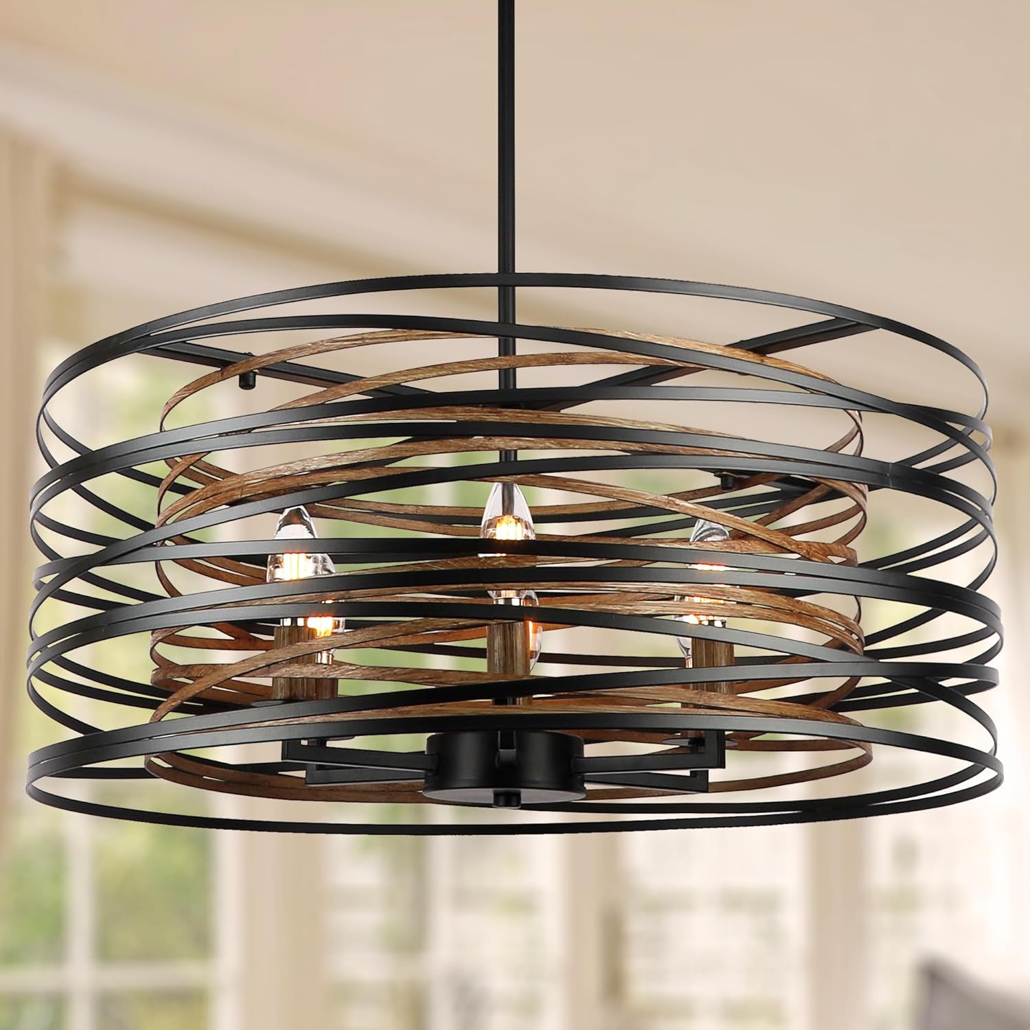 Round Farmhouse Black Chandelier — 6-Light — Black with Retro Wood Texture Interior