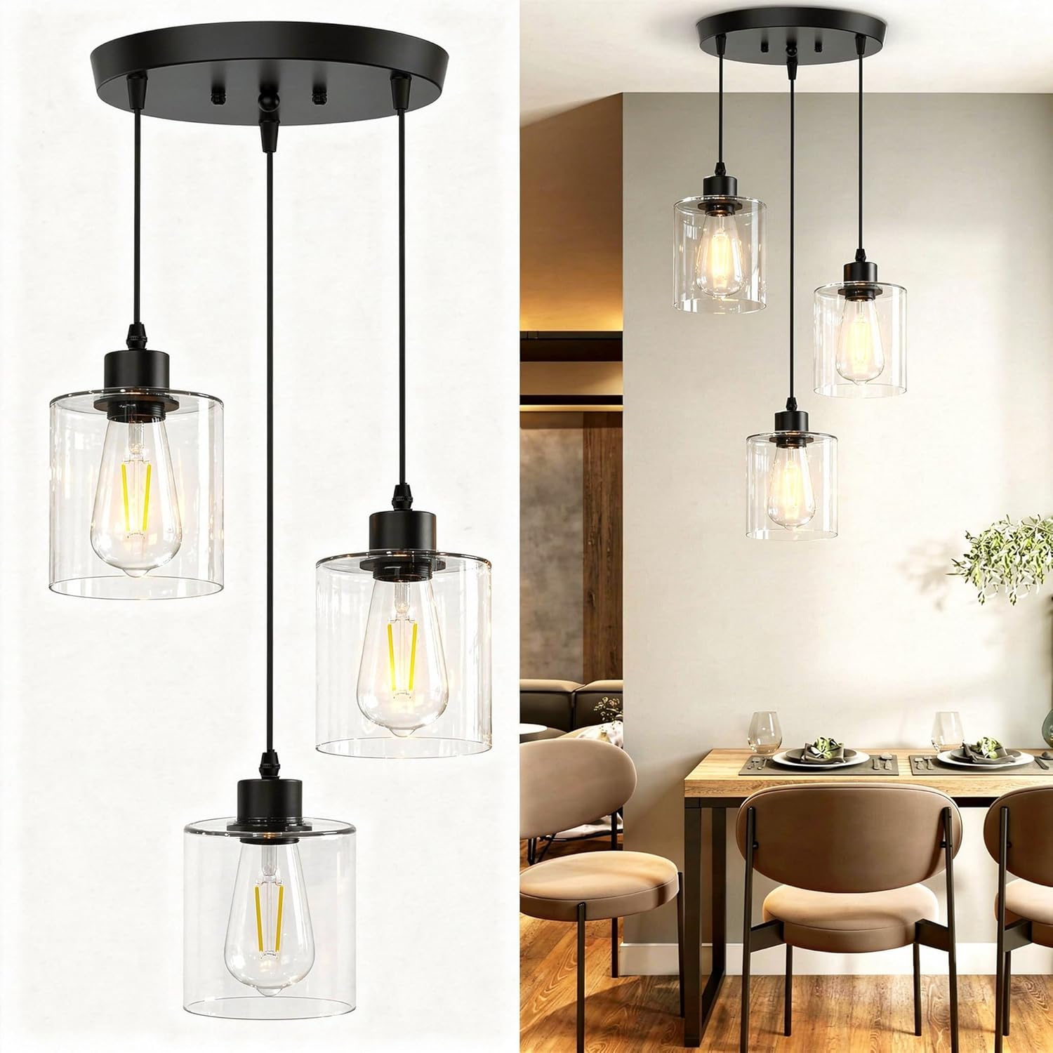 Adjustable Farmhouse Beige Pendant Light — 3-Light — Round Base Glass Pendant - 3-Light (Black)