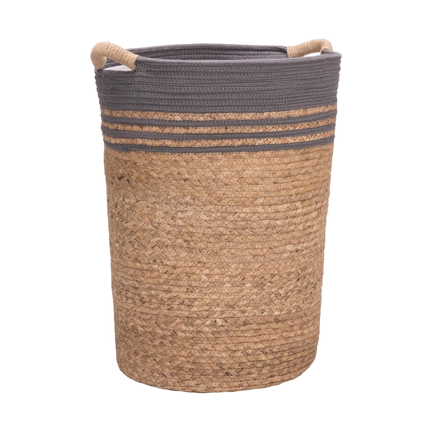 Handwoven Boho Beige Basket — Natural Water Hyacinth and Gray Rope