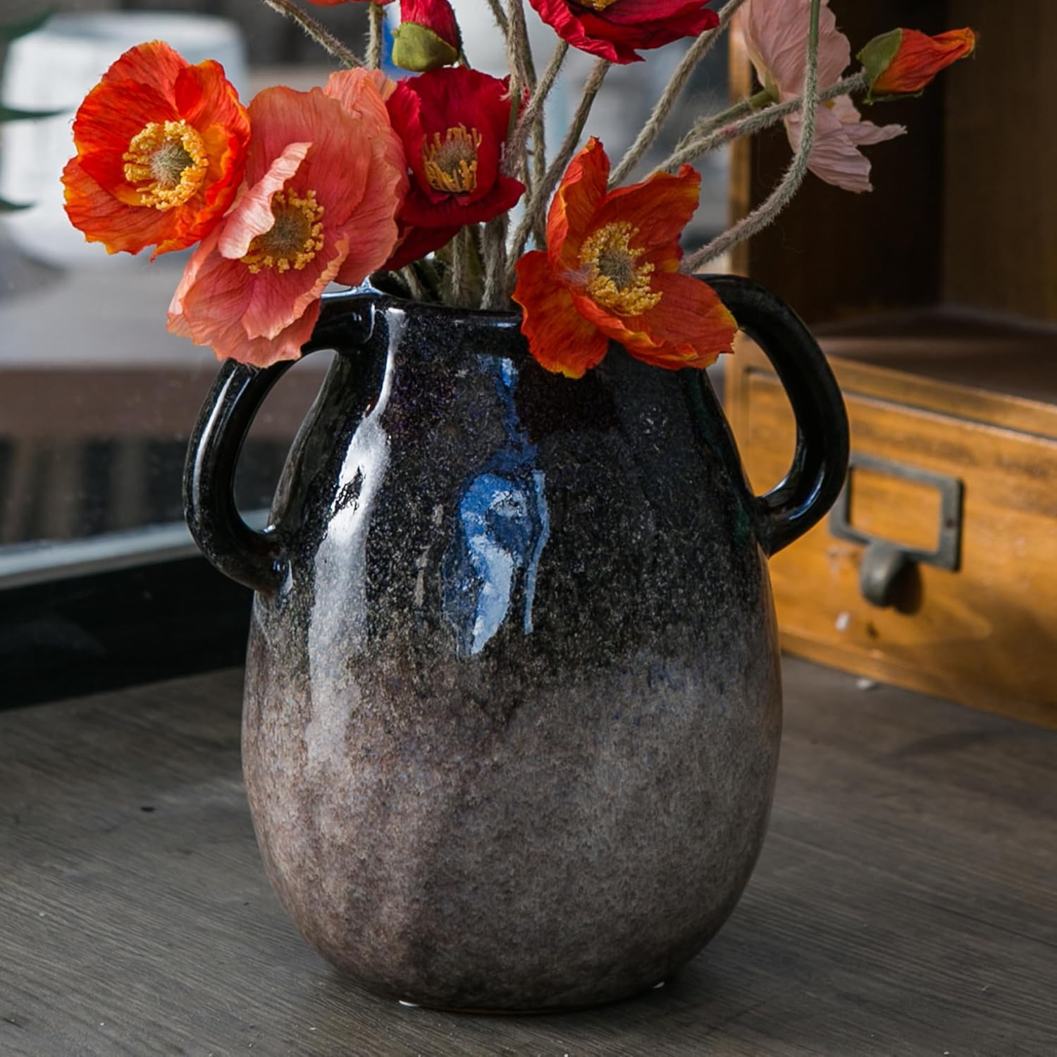 Farmhouse Black Flower Vase — 7" — Double Handle - Blue Gradient