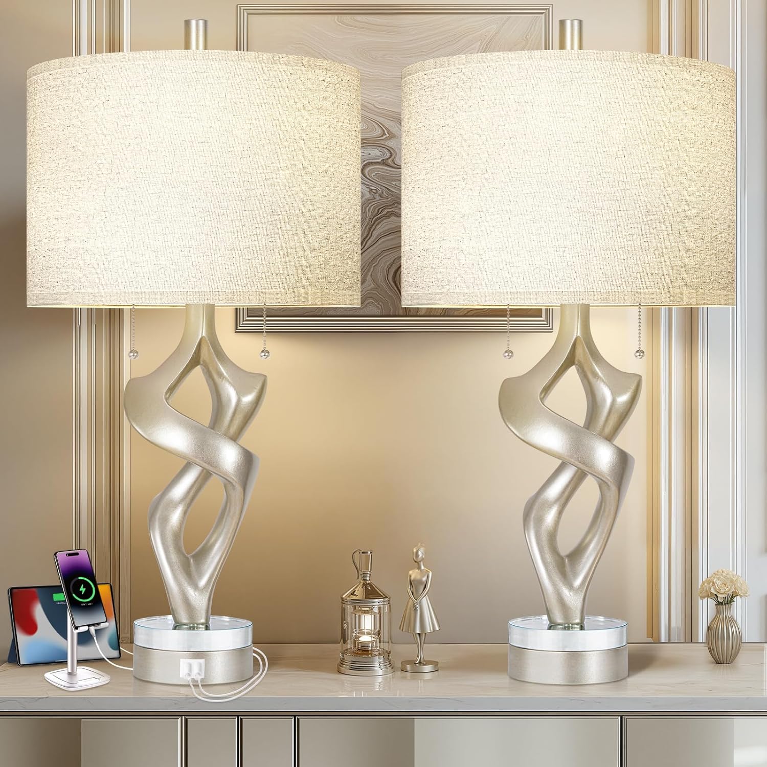 USB Luxe Stone Bedside Lamp — 26" — 26 inches Silver Leaf -028-SL
