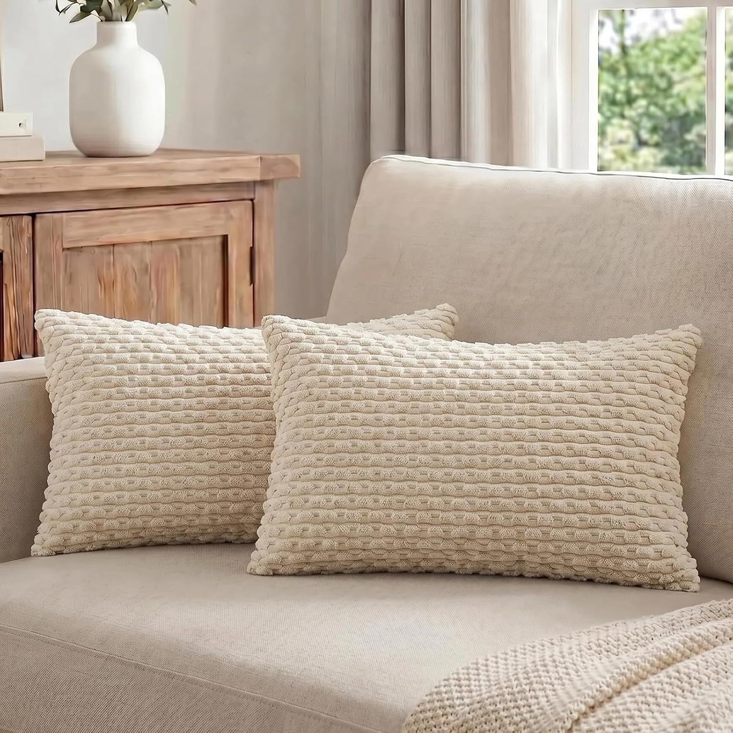 Boho Beige Throw Pillow Cover — 18" — 20" x 12" (Pack of 2)
