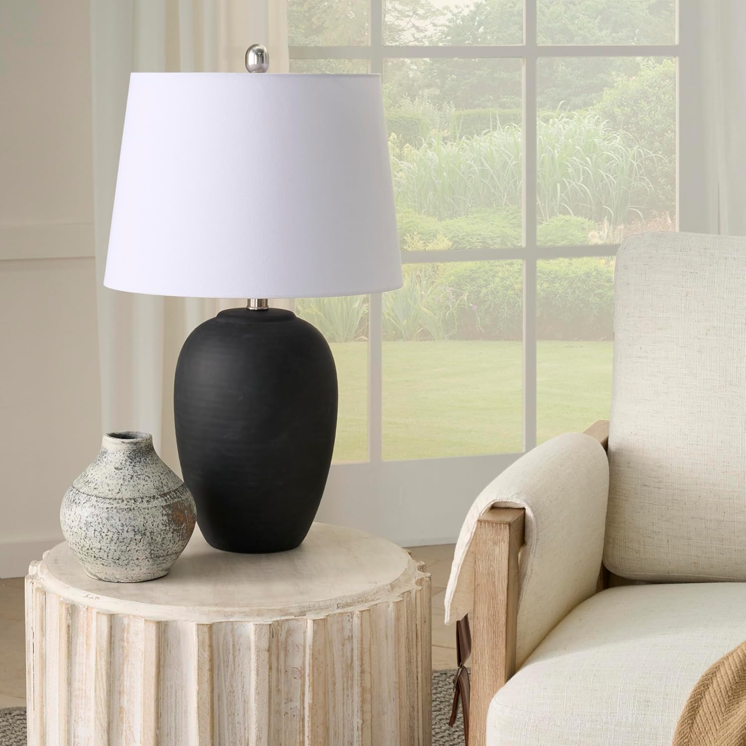 Vintage Farmhouse Beige Table Lamp — 23" — 1 Lamp - Drum Shade