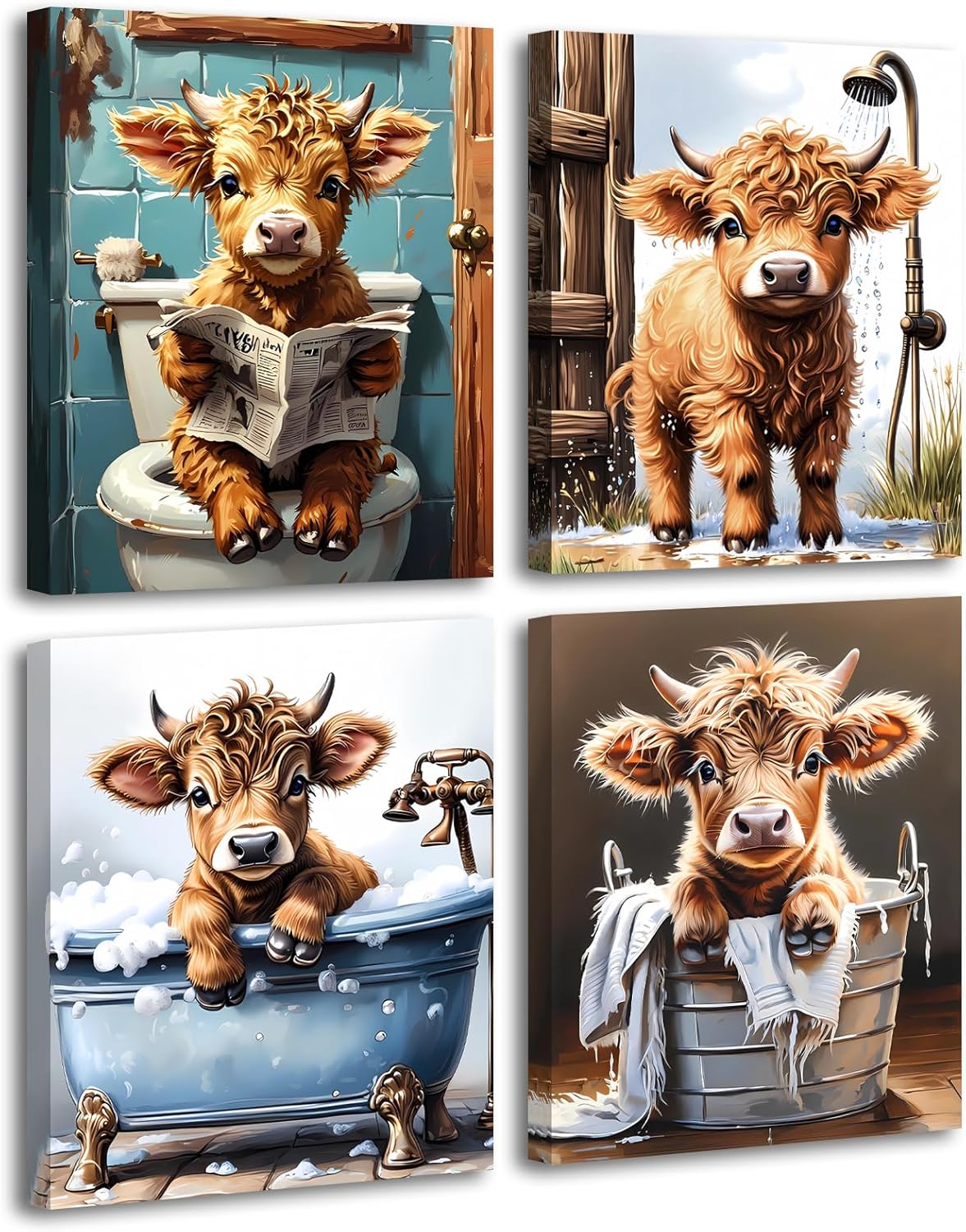 Framed Farmhouse Black Wall Decor — 8" — Framed 8"x10" - Cute Highland Cow Bathroom Wall Art