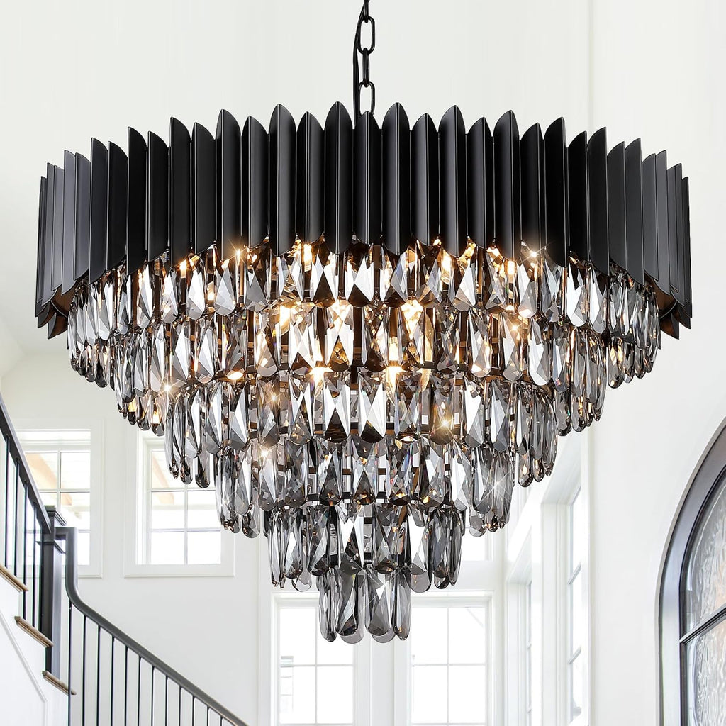 Round Luxe Black Chandelier — 30" — Black & smoke crystals