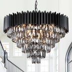 Round Luxe Black Chandelier — 30" — Black & smoke crystals