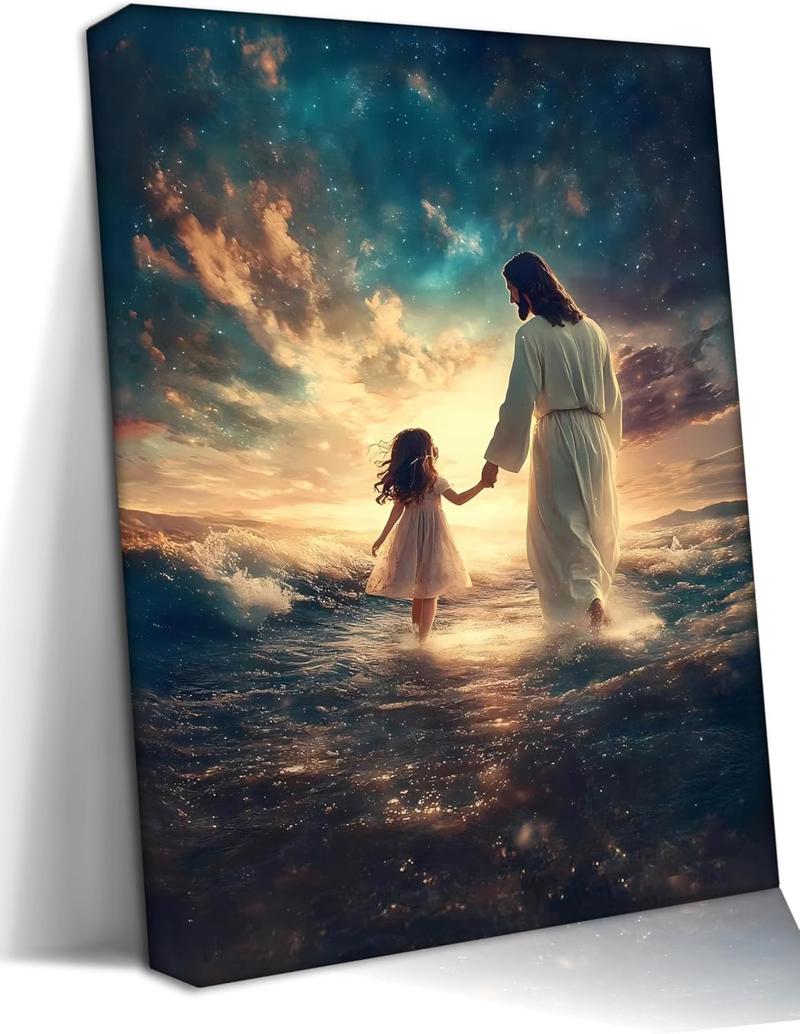 Luxe Blue Canvas Wall Art — 36" — Blue Jesus and Girl Canvas Art