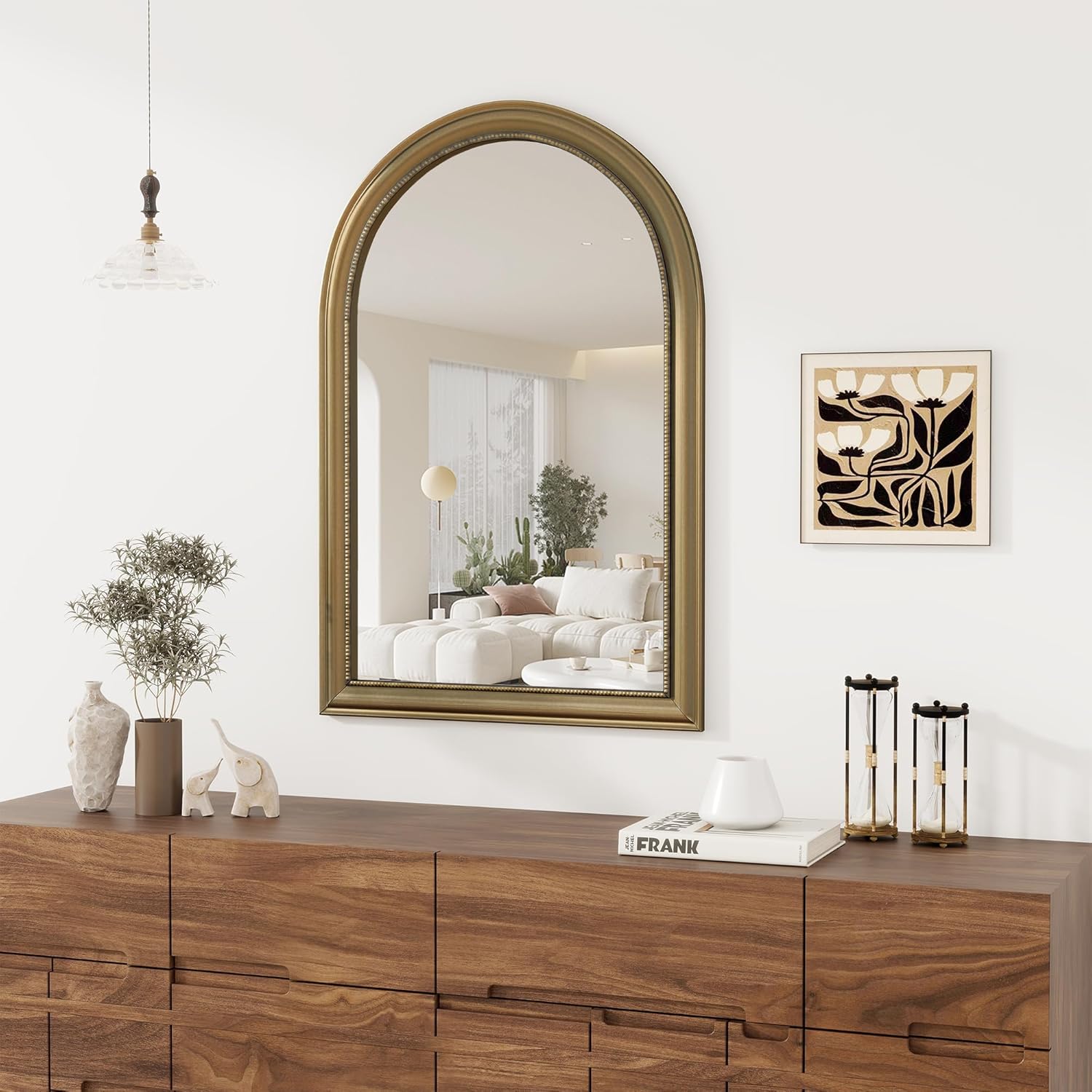 Rectangular Beige Wall Mirror — 36" — Arched - Gold