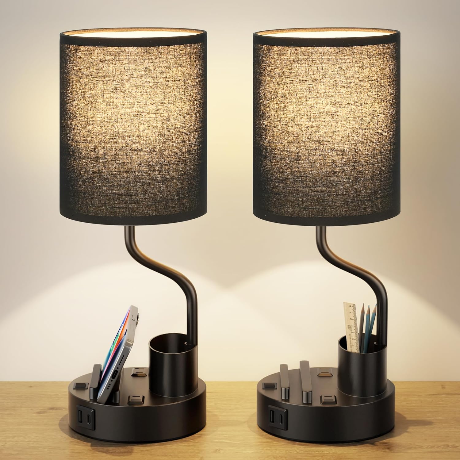 USB Beige Desk Lamp — Set of 2 — Black