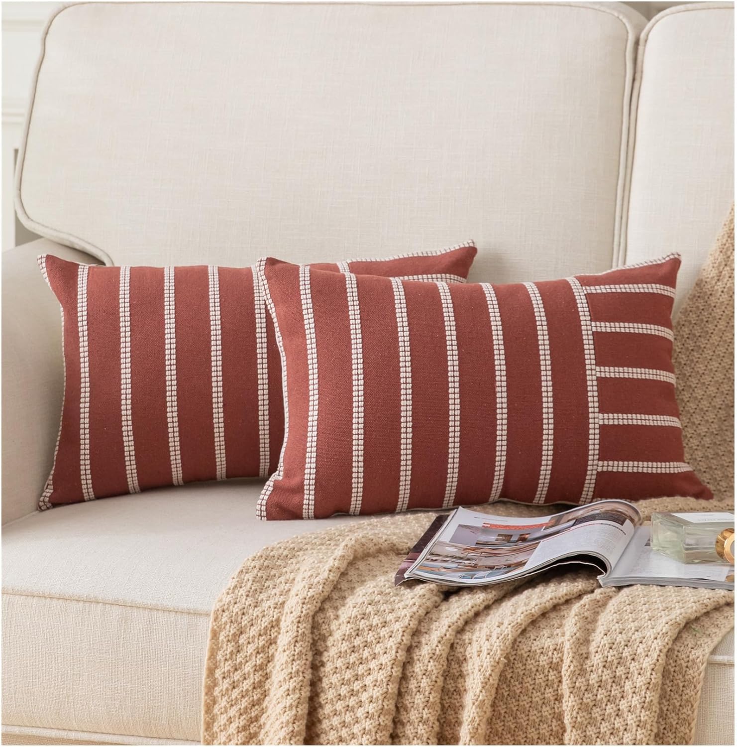 Boho Beige Throw Pillow Cover — 20" — Rust