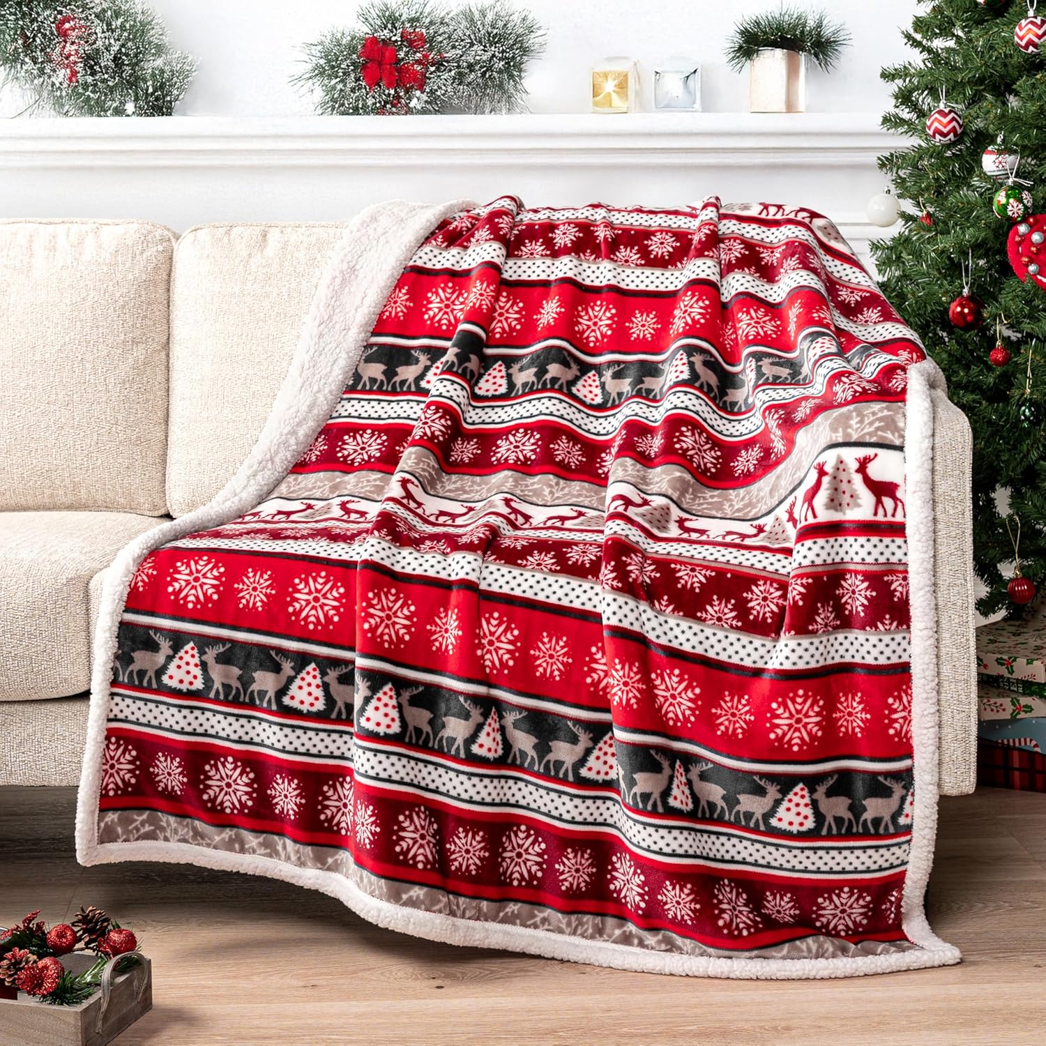 Beige Throw Pillow — 60" — Holiday-reindeer