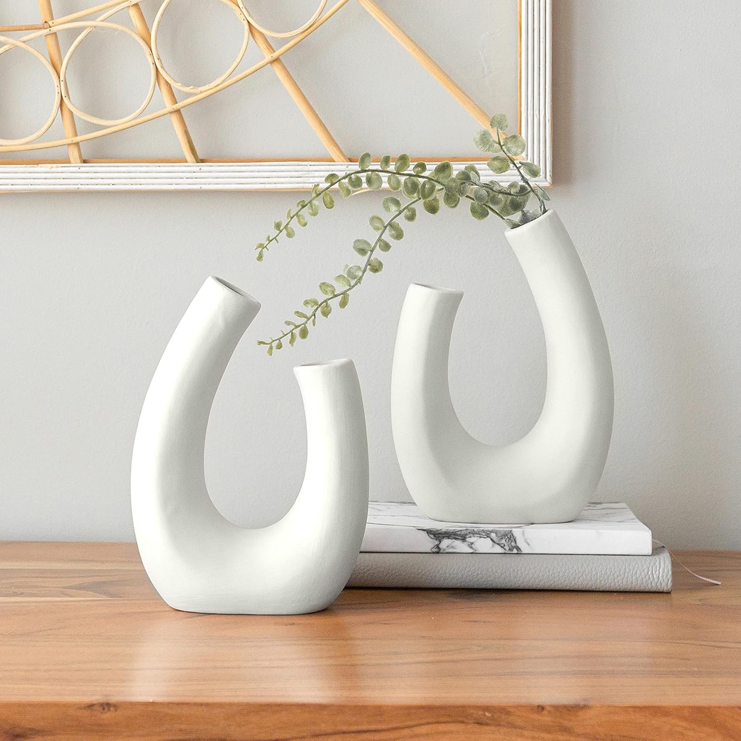 Mid-Century Beige Vase Set — Light Matte Stoneware Texture - 2 Piece