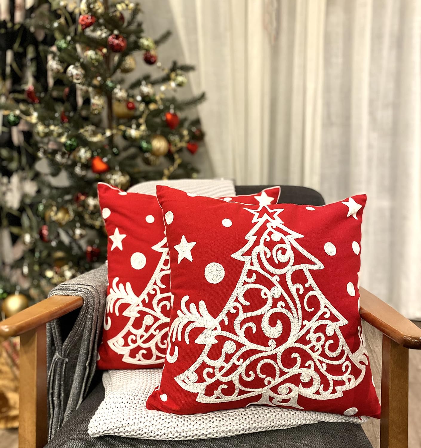 Embroidered Boho White Throw Pillow Cover — 18x18 — Tree