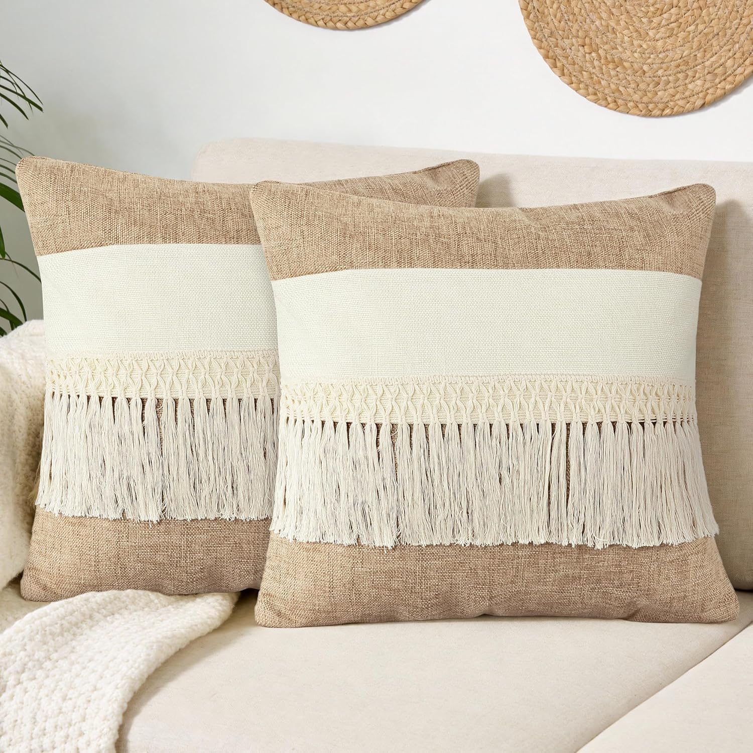 Linen Boho Beige Throw Pillow Cover — 18" — Boho Long Fringe-khaki
