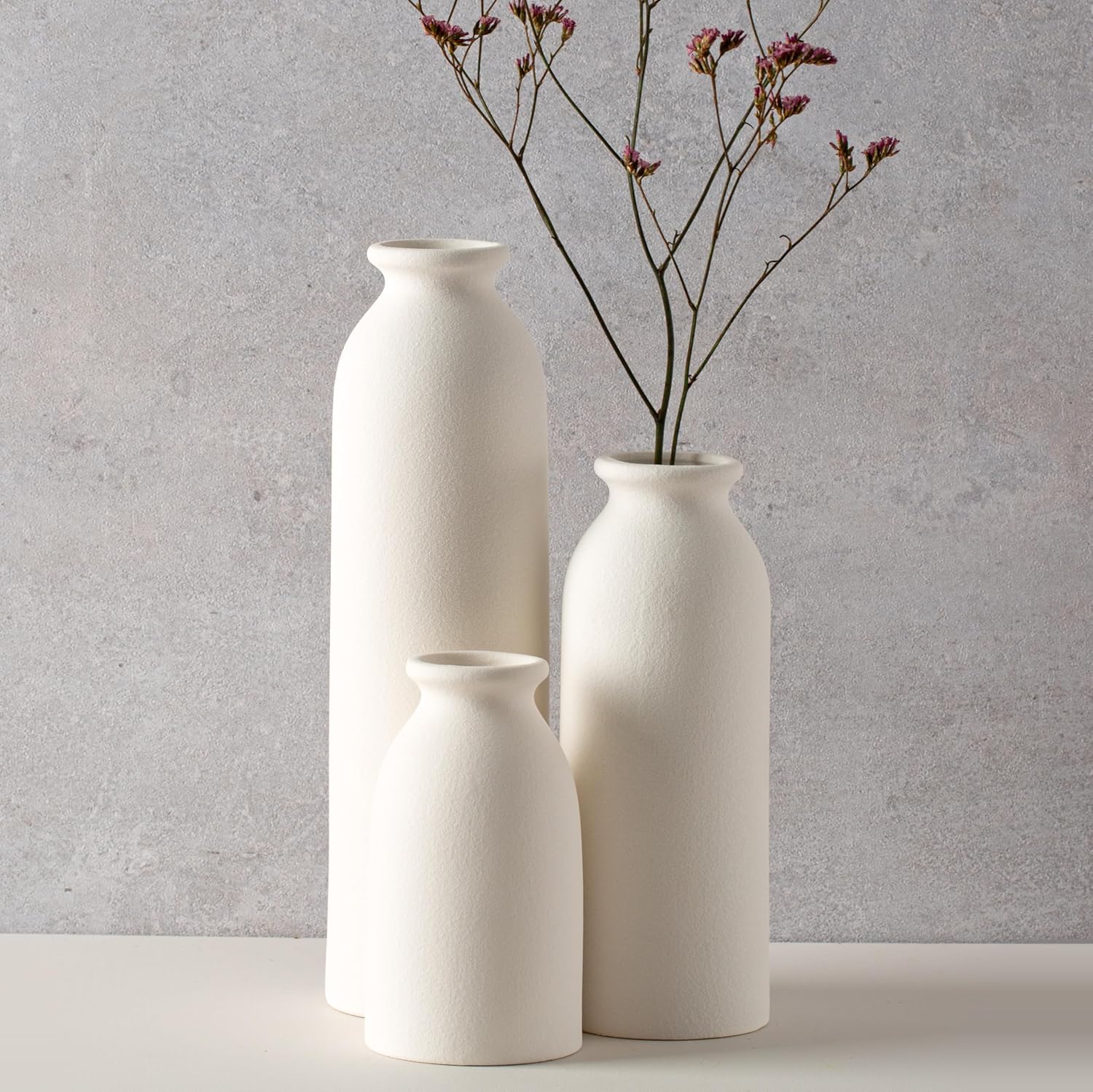 Farmhouse Beige Flower Vase — Set of 3 — 3set-tall White