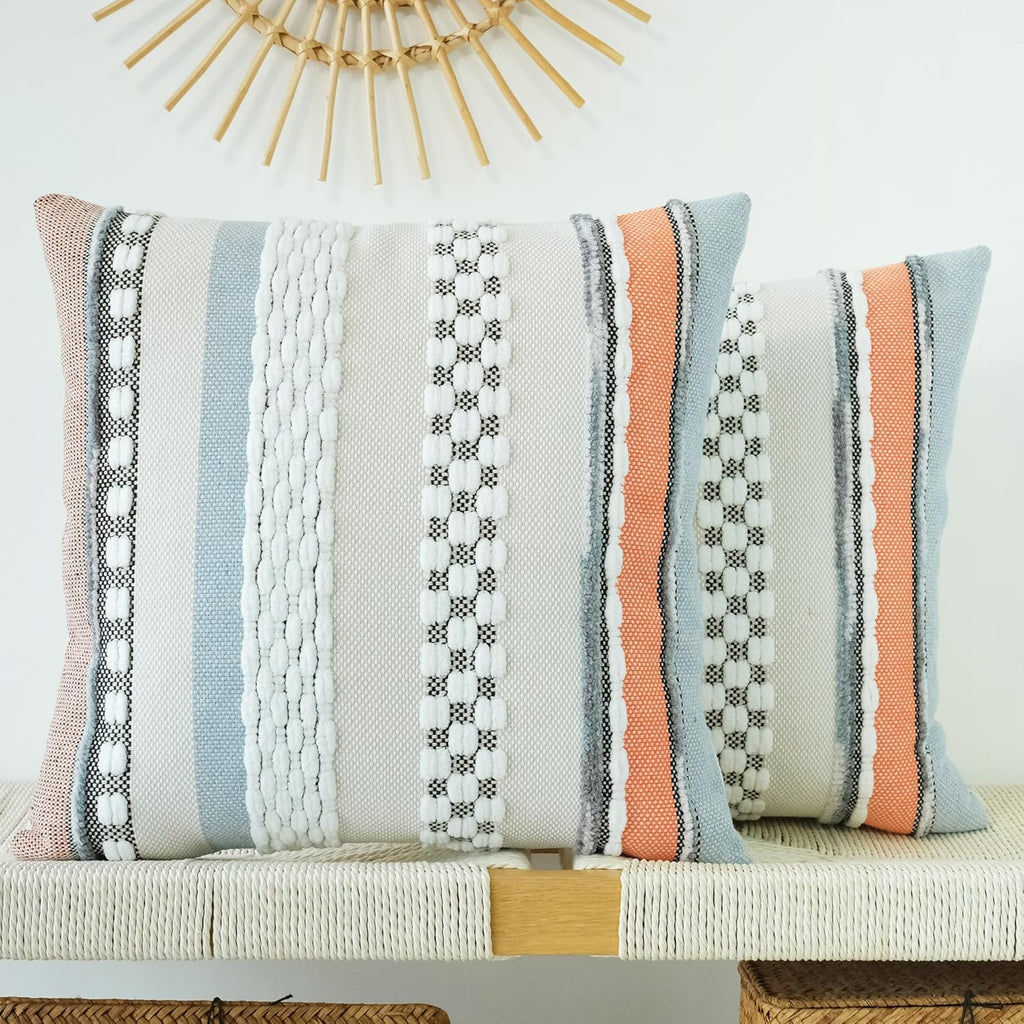 Boho Blue Throw Pillow Cover — 18" — Orange Blue Stripe