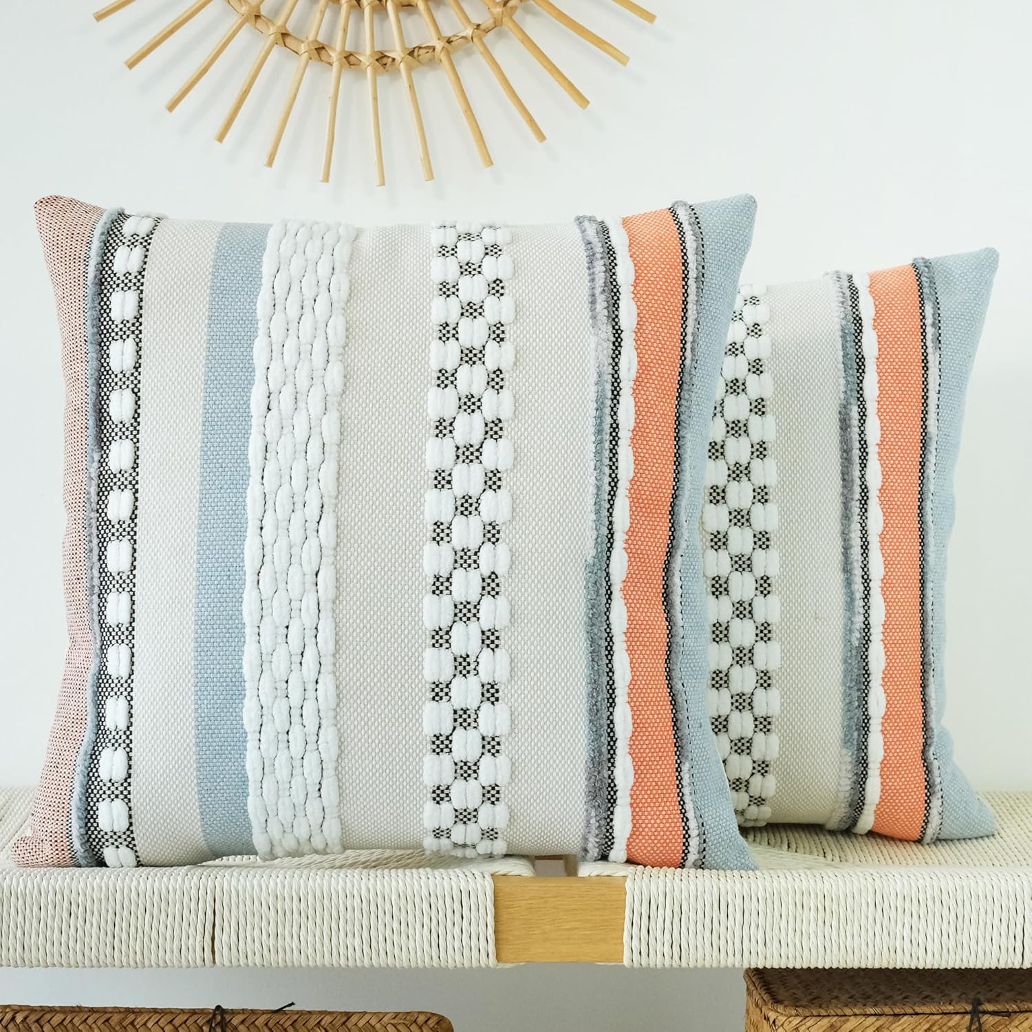 Boho Blue Throw Pillow Cover — 18" — Orange Blue Stripe