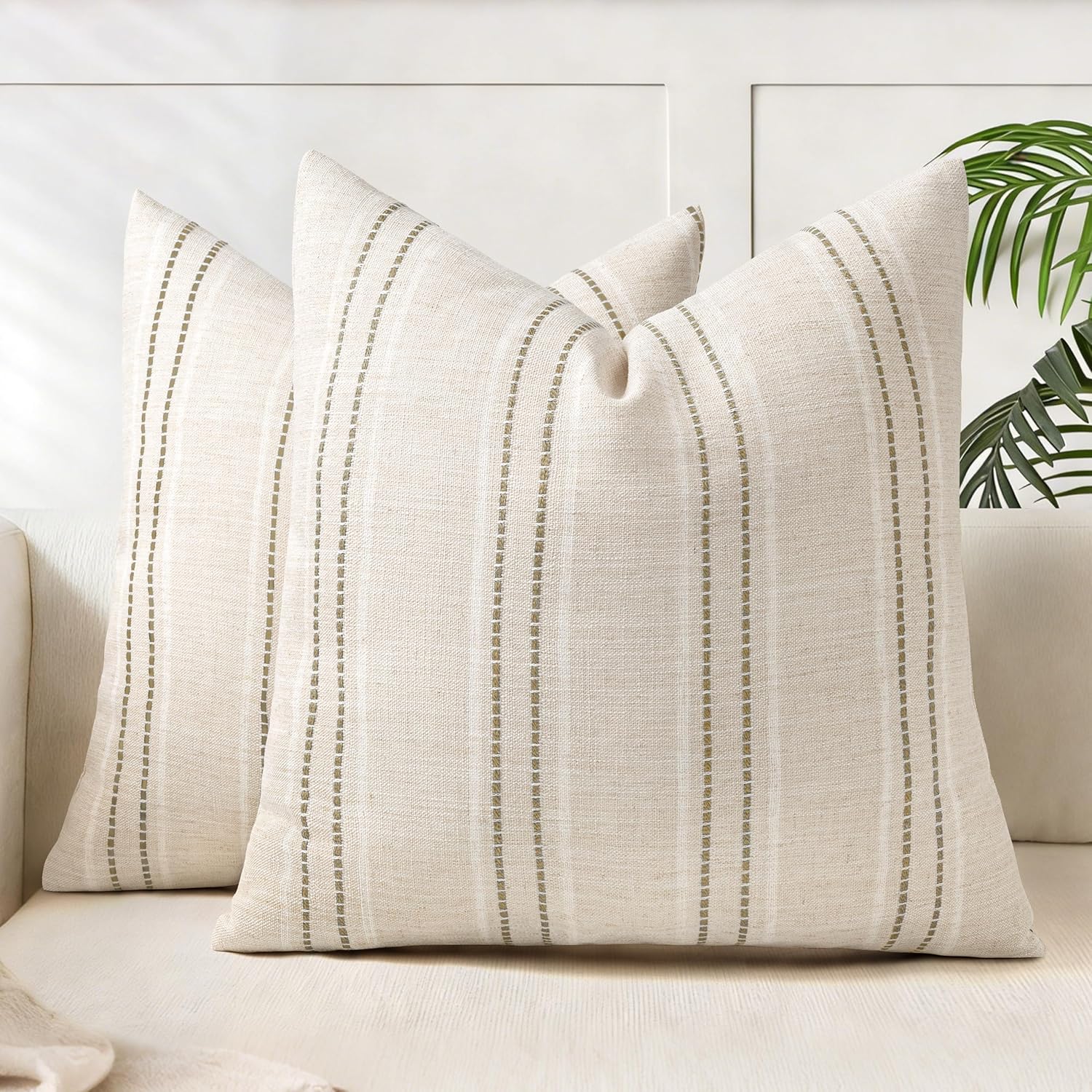 Linen Boho Fabric Throw Pillow Cover — 18" — Beige With White & Brown