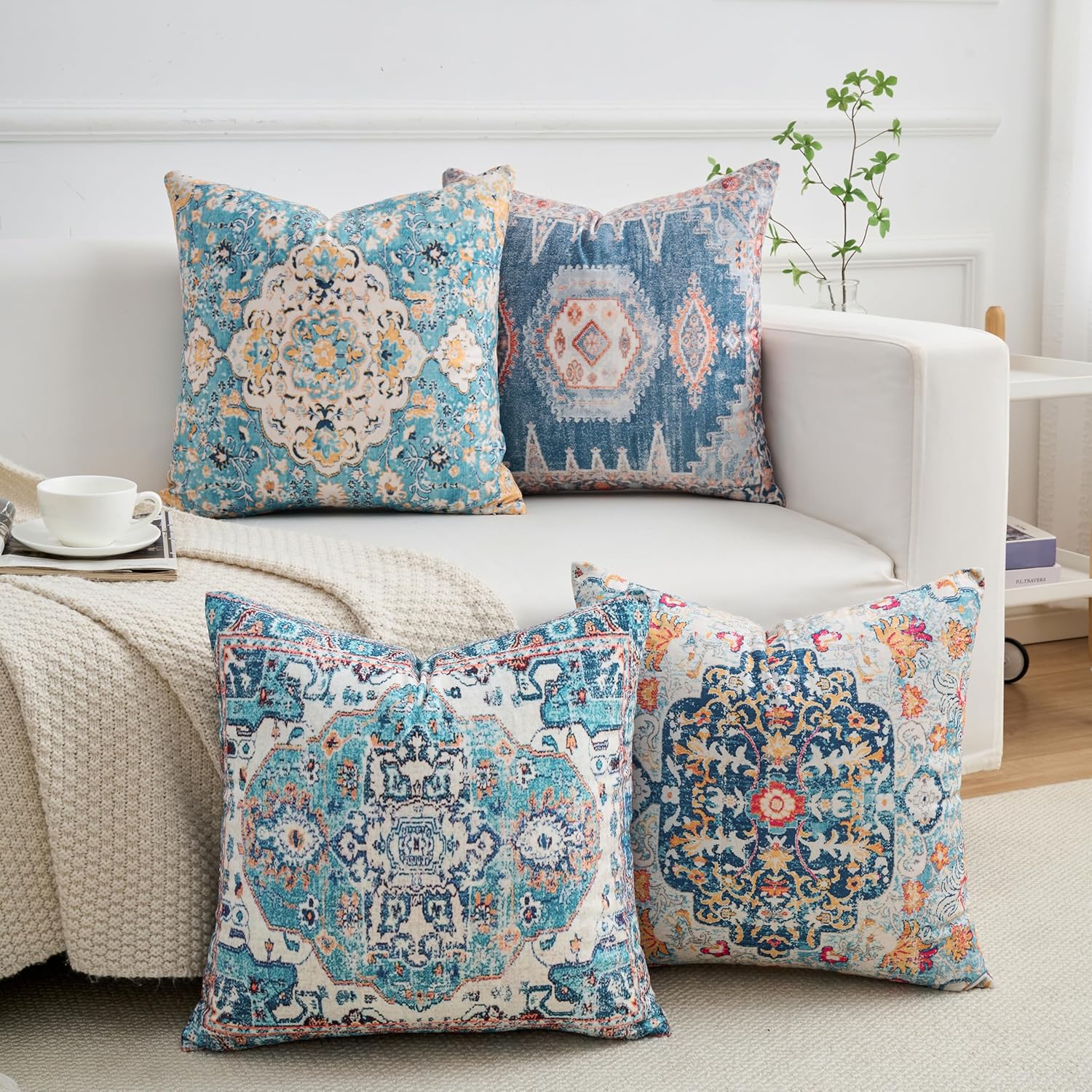 Velvet Boho Blue Throw Pillow Cover — 18" — 18" x 18" (Pack of 4)