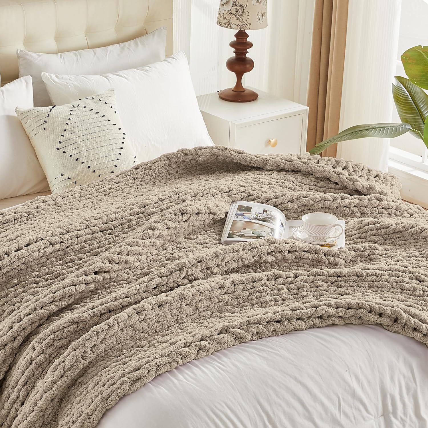 Knit Boho Beige Throw Pillow — 50" - View 9