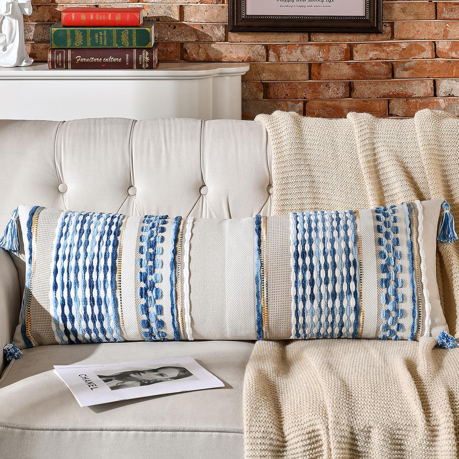 Chenille Boho Beige Throw Pillow Cover — 18" — 36" x 14" (Pack of 1)