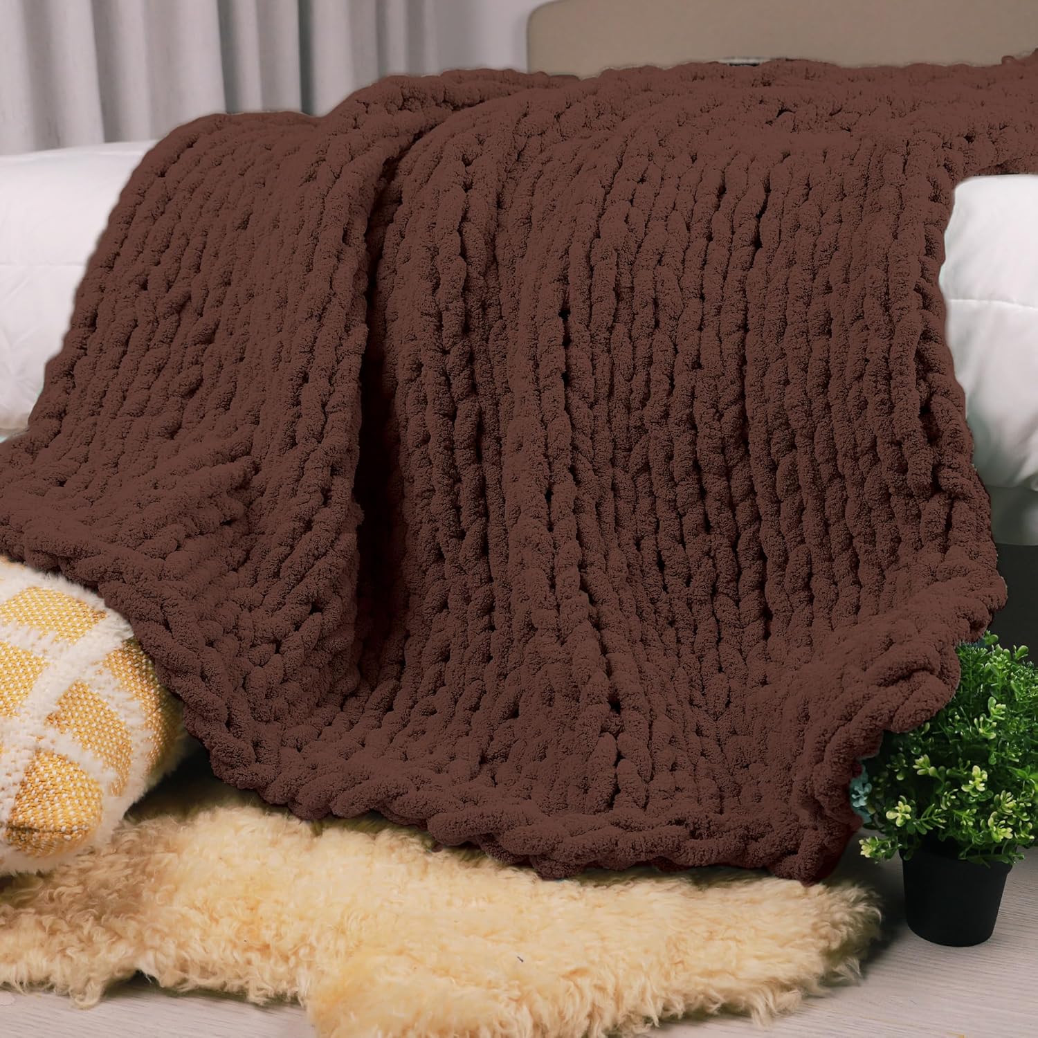 Knit Boho Beige Throw Pillow — 50" — Cocoa Brown