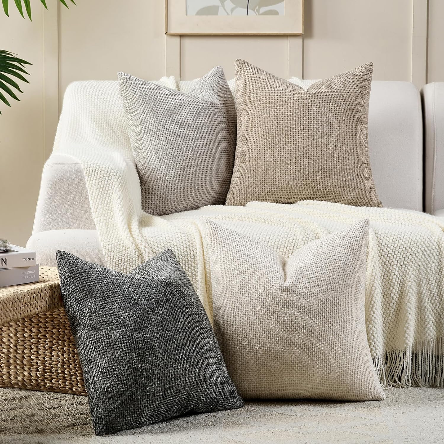 Chenille Boho Beige Throw Pillow Cover — 20" - View 4