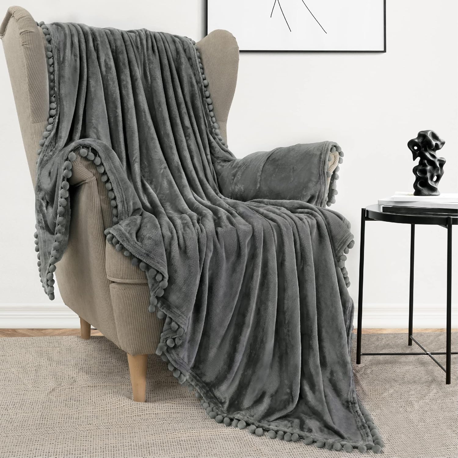 Pom Pom Beige Throw Pillow — 50" — Dark Gray