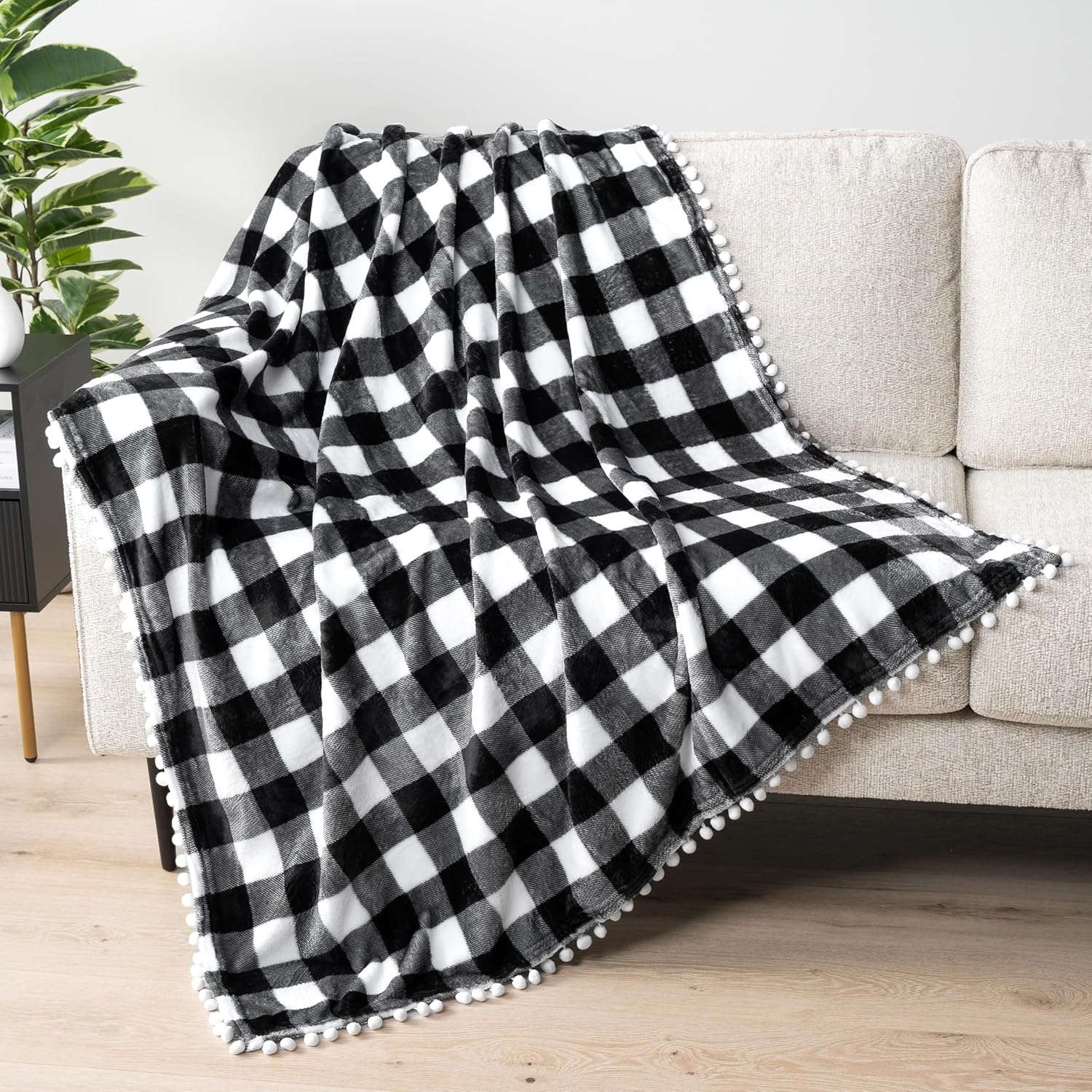 Pom Pom Beige Throw Pillow — 50" — Checkered White