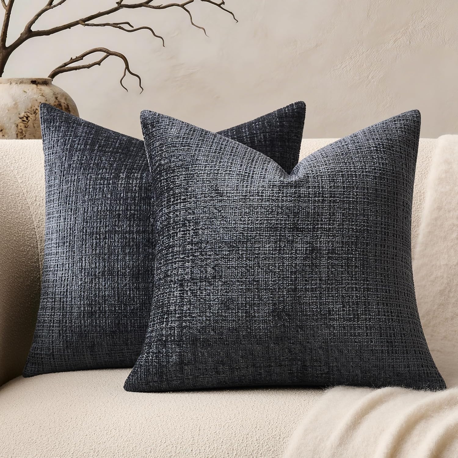 Chenille Boho Blue Throw Pillow Cover — 20" — Navy