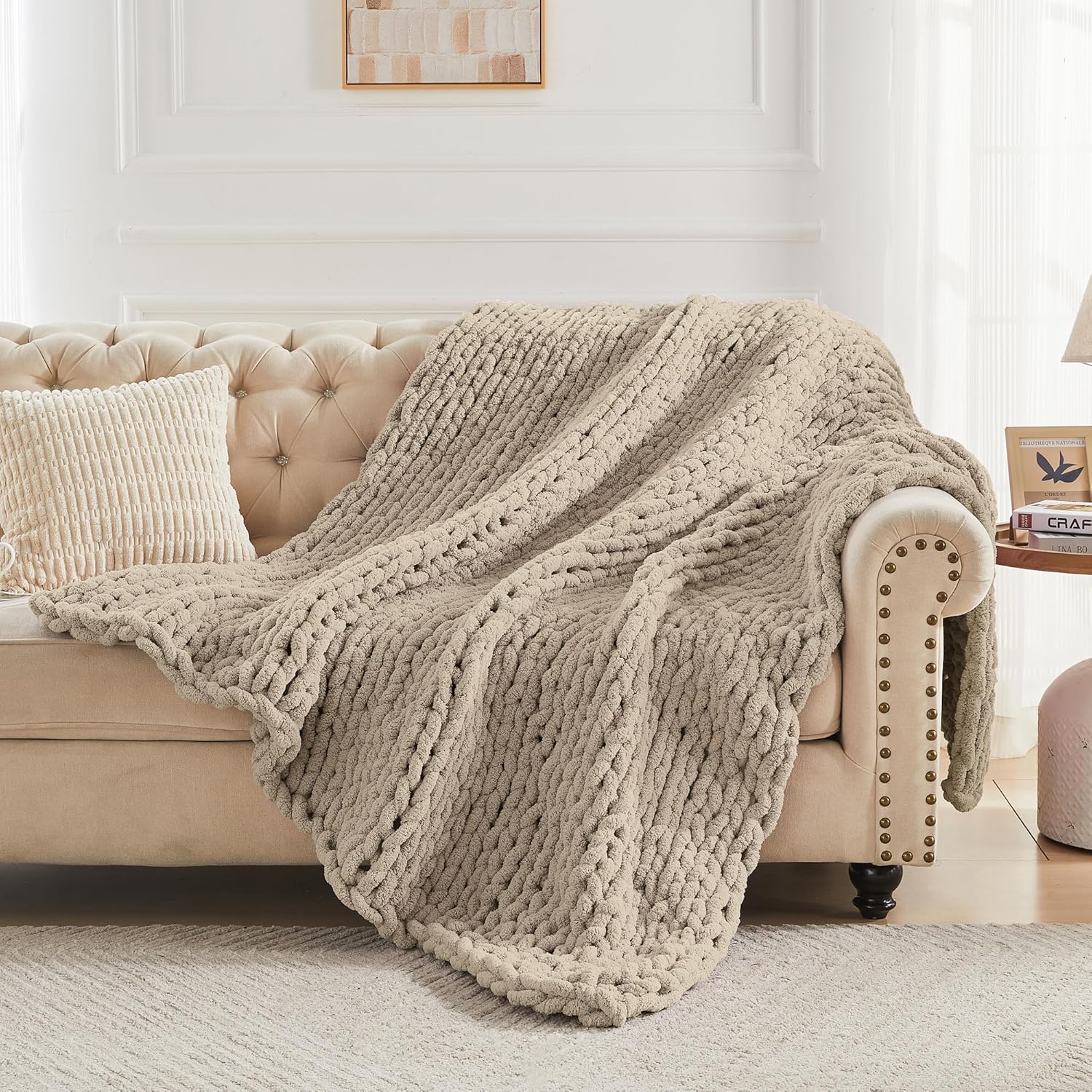 Knit Boho Beige Throw Pillow — 50" - View 6
