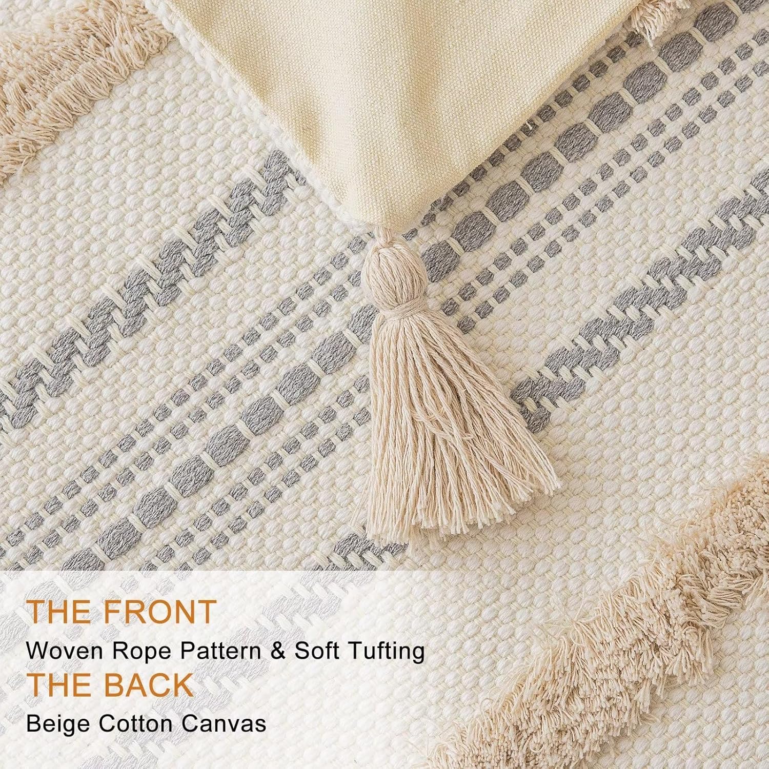 Tufted Boho Beige Throw Pillow Cover — 18" - View 2