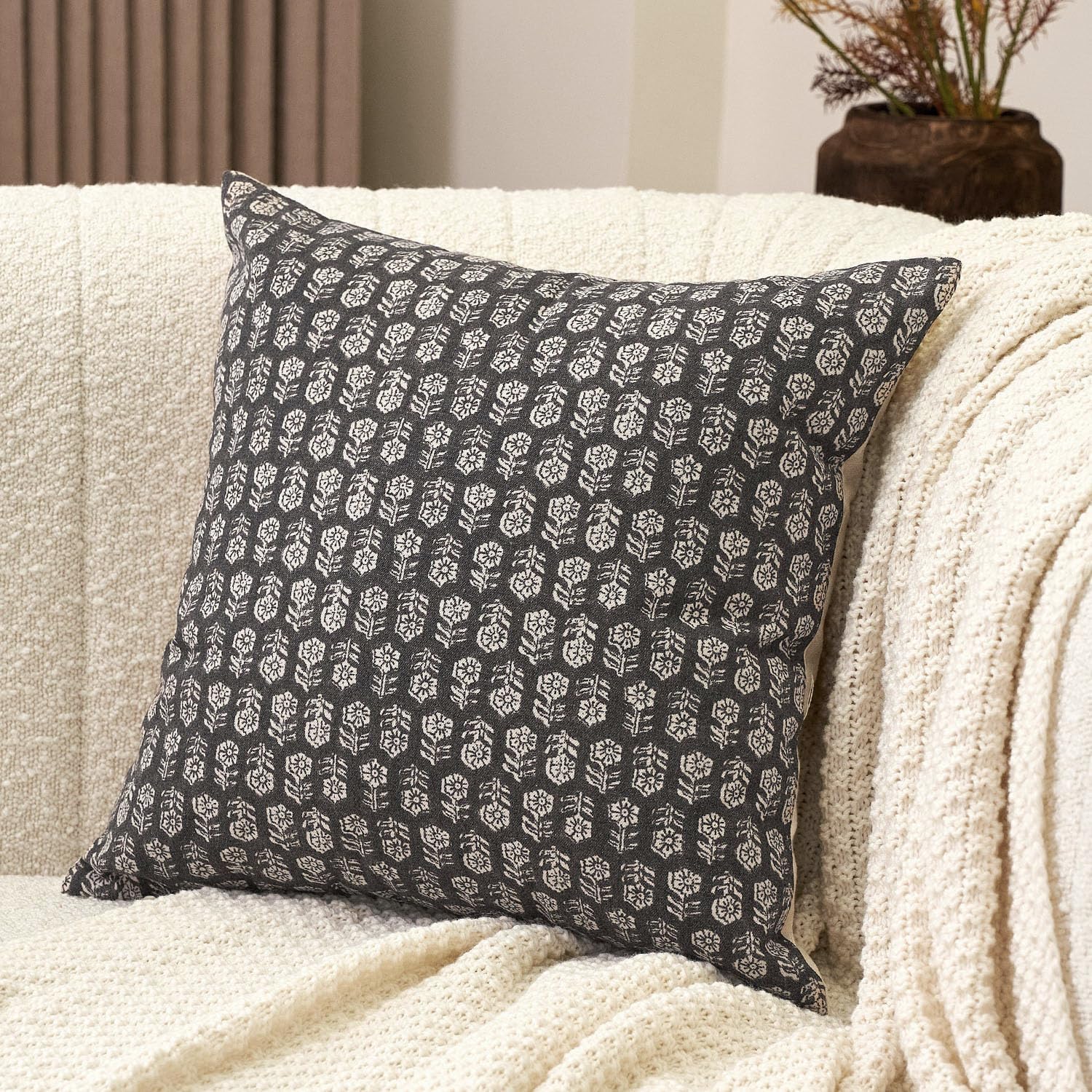 Farmhouse Beige Throw Pillow Cover — 18" — Black