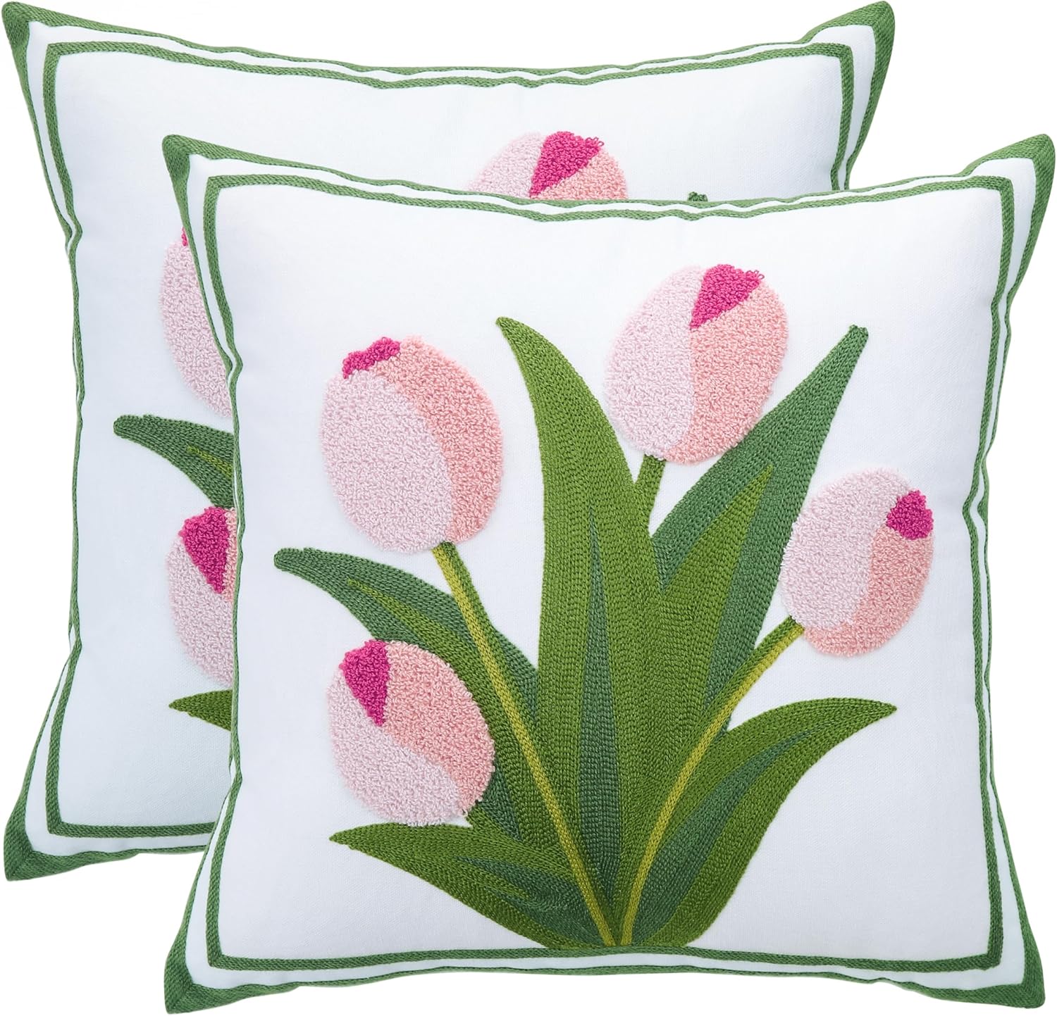 Embroidered Boho Blue Throw Pillow Cover — 18" — Pink Tulip