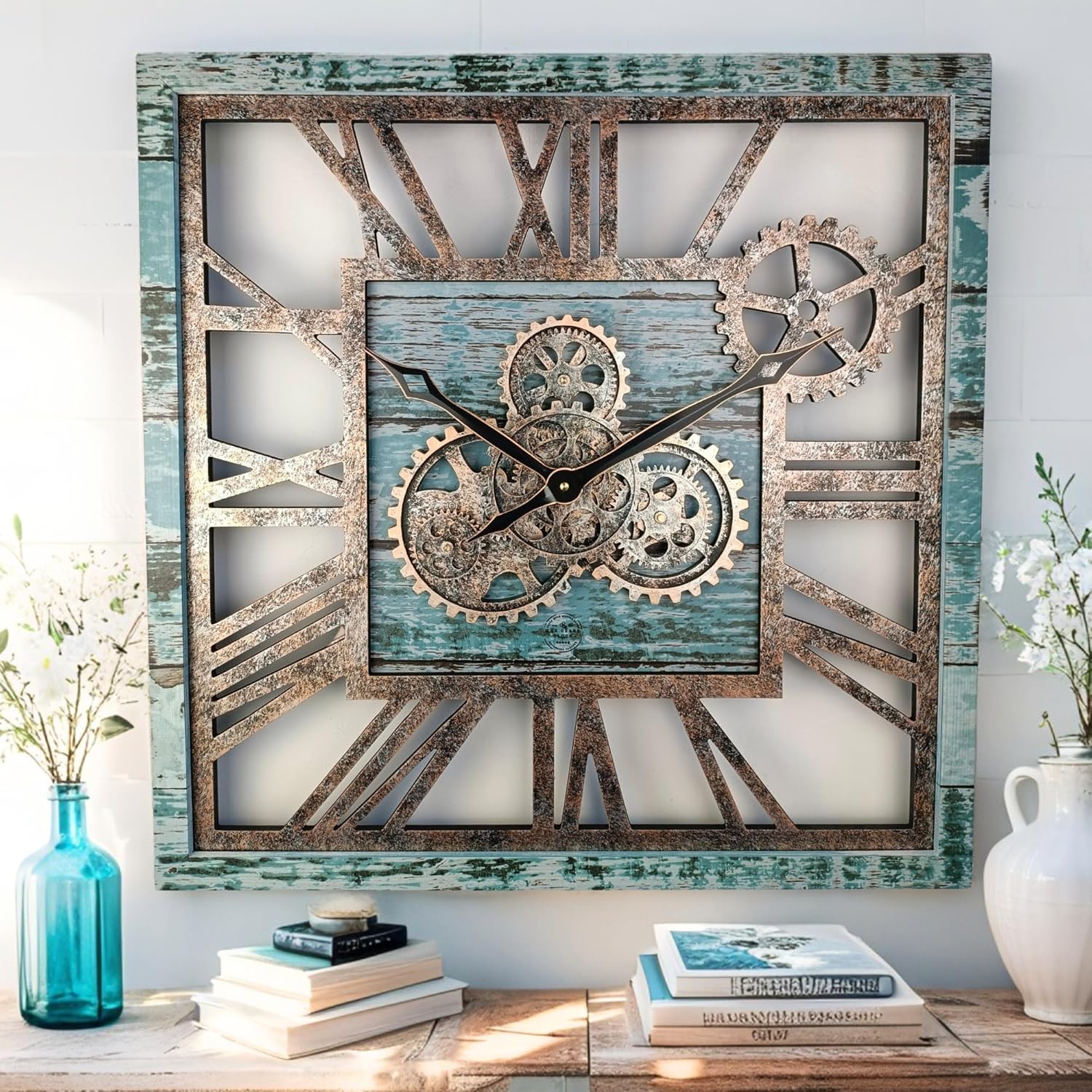 Oversized Farmhouse Beige Wall Clock — 24" — Aqua Green