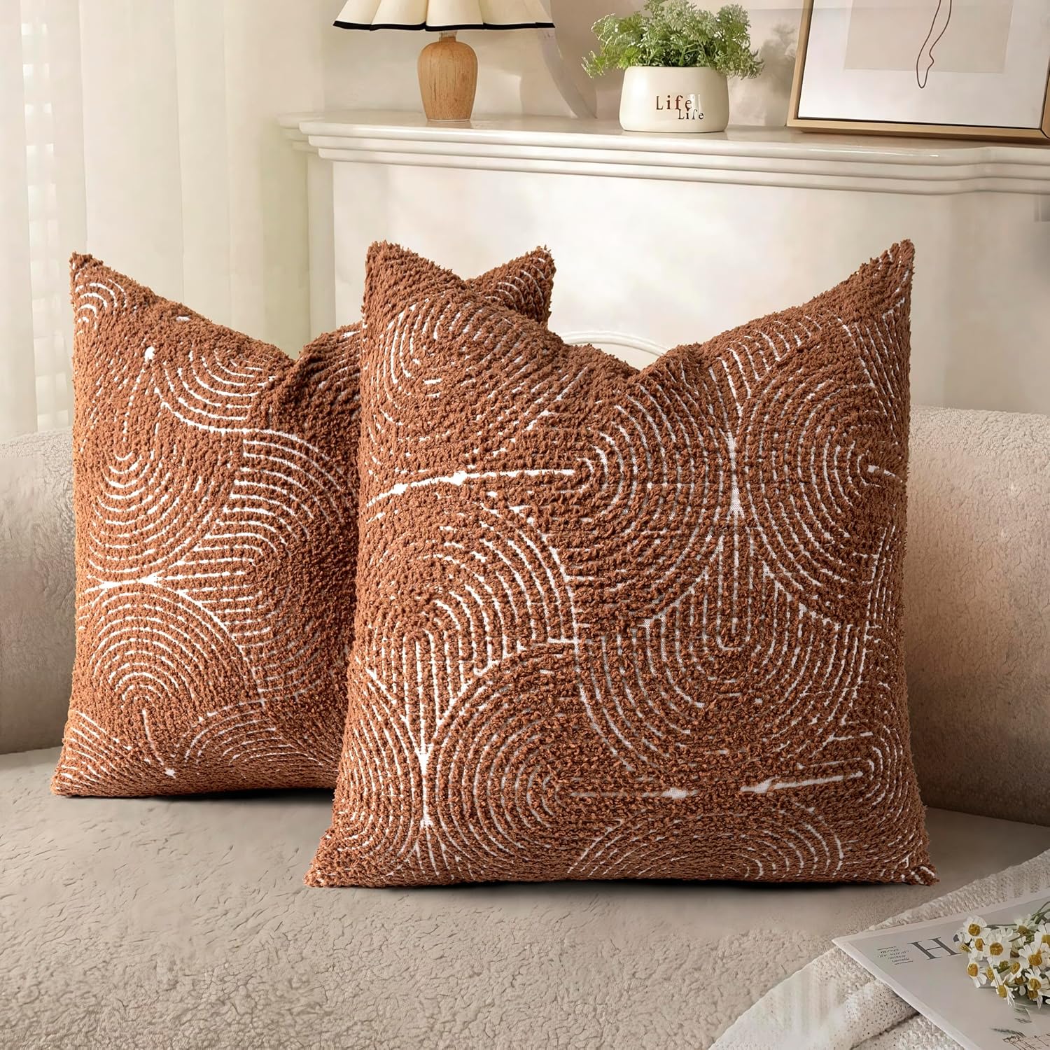 Tufted Boho Beige Throw Pillow Cover — 18" — Burnt Orange