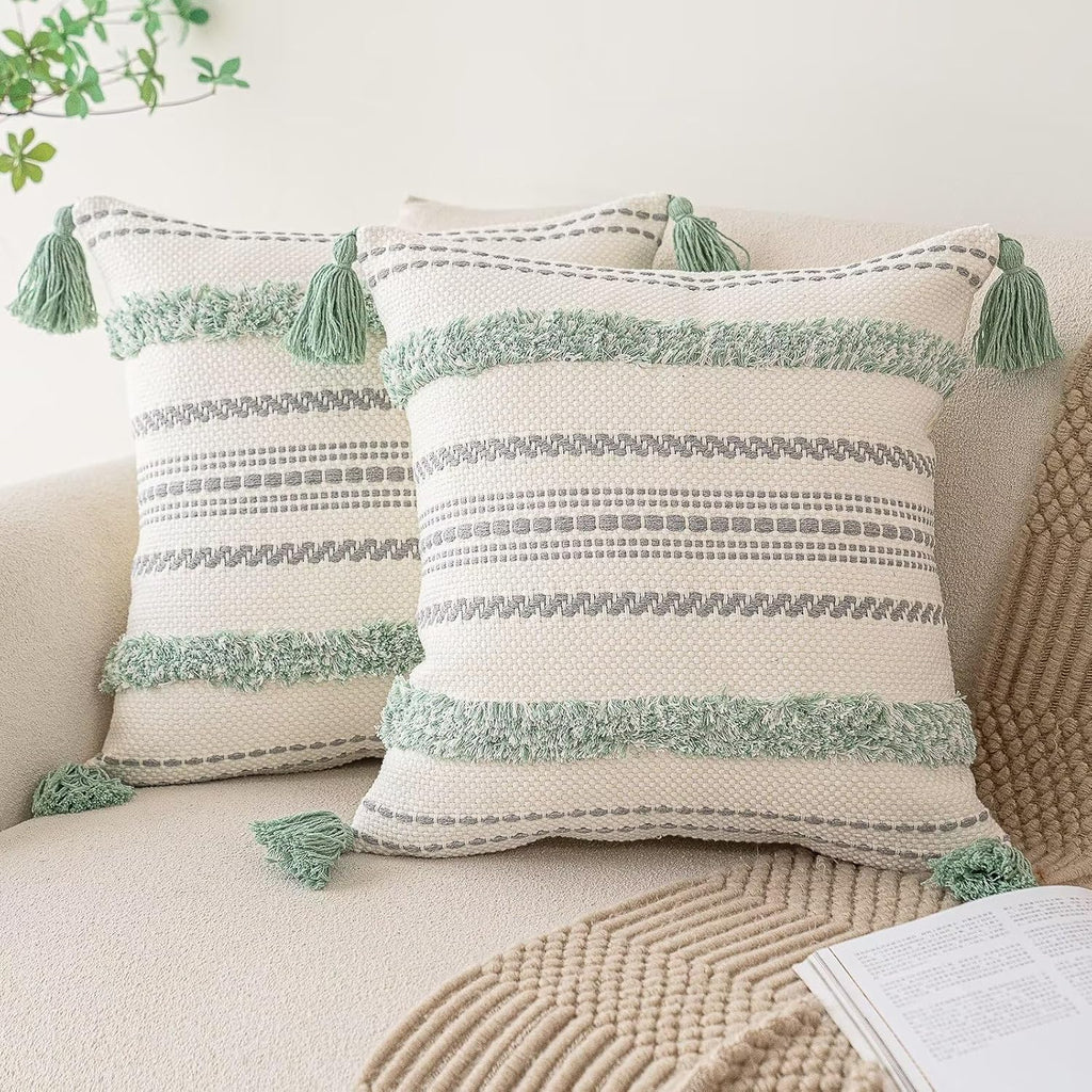 Tufted Boho Beige Throw Pillow Cover — 18" — Light Green