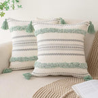 Tufted Boho Beige Throw Pillow Cover — 18" — Light Green