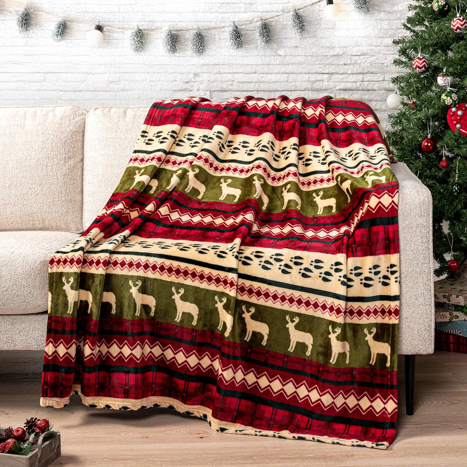 Beige Throw Pillow — 60" — Christmas Red