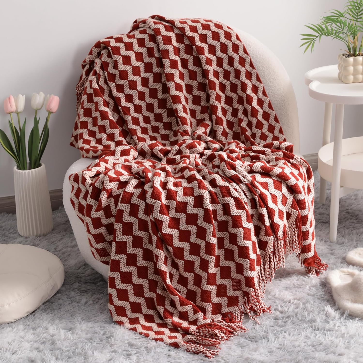 Boho Beige Throw Pillow — 51" — Red and White
