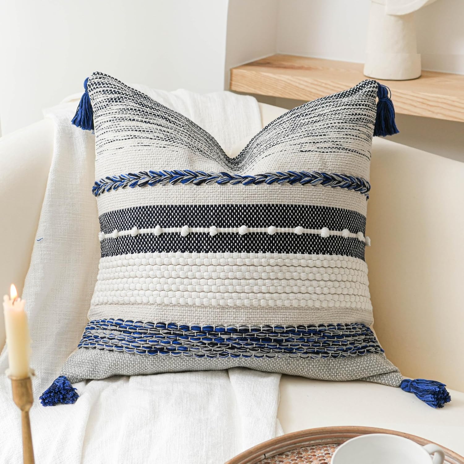 Lumbar Boho Blue Pillow Cover — 36" — 20" x 20" (Pack of 1)