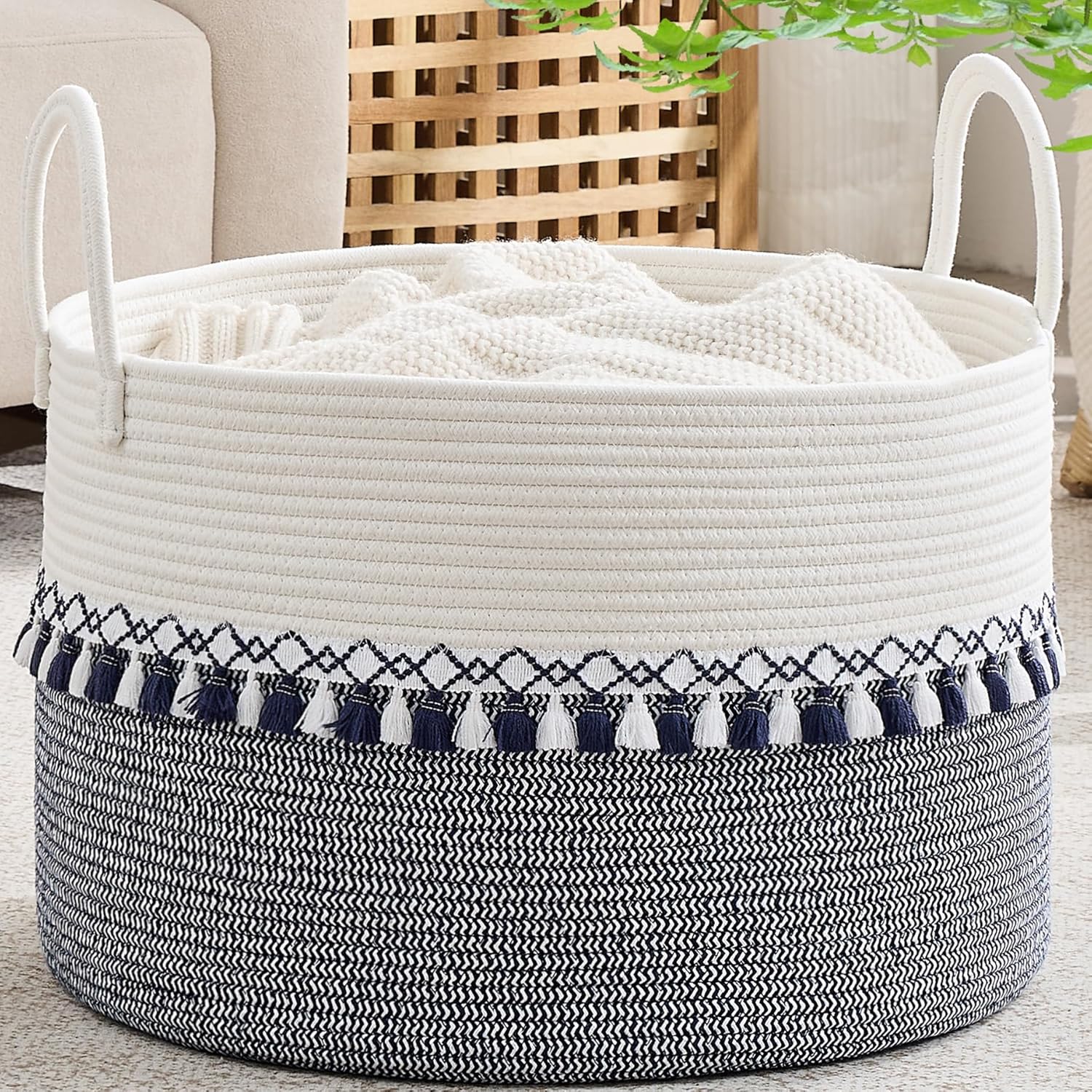 Boho Beige Throw Pillow — 20" — White and Blue