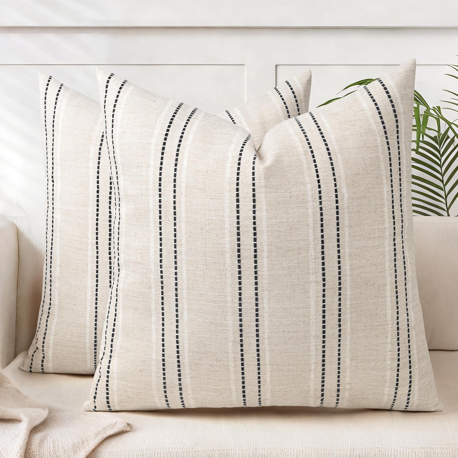 Linen Boho Fabric Throw Pillow Cover — 18" — Beige With White & Black