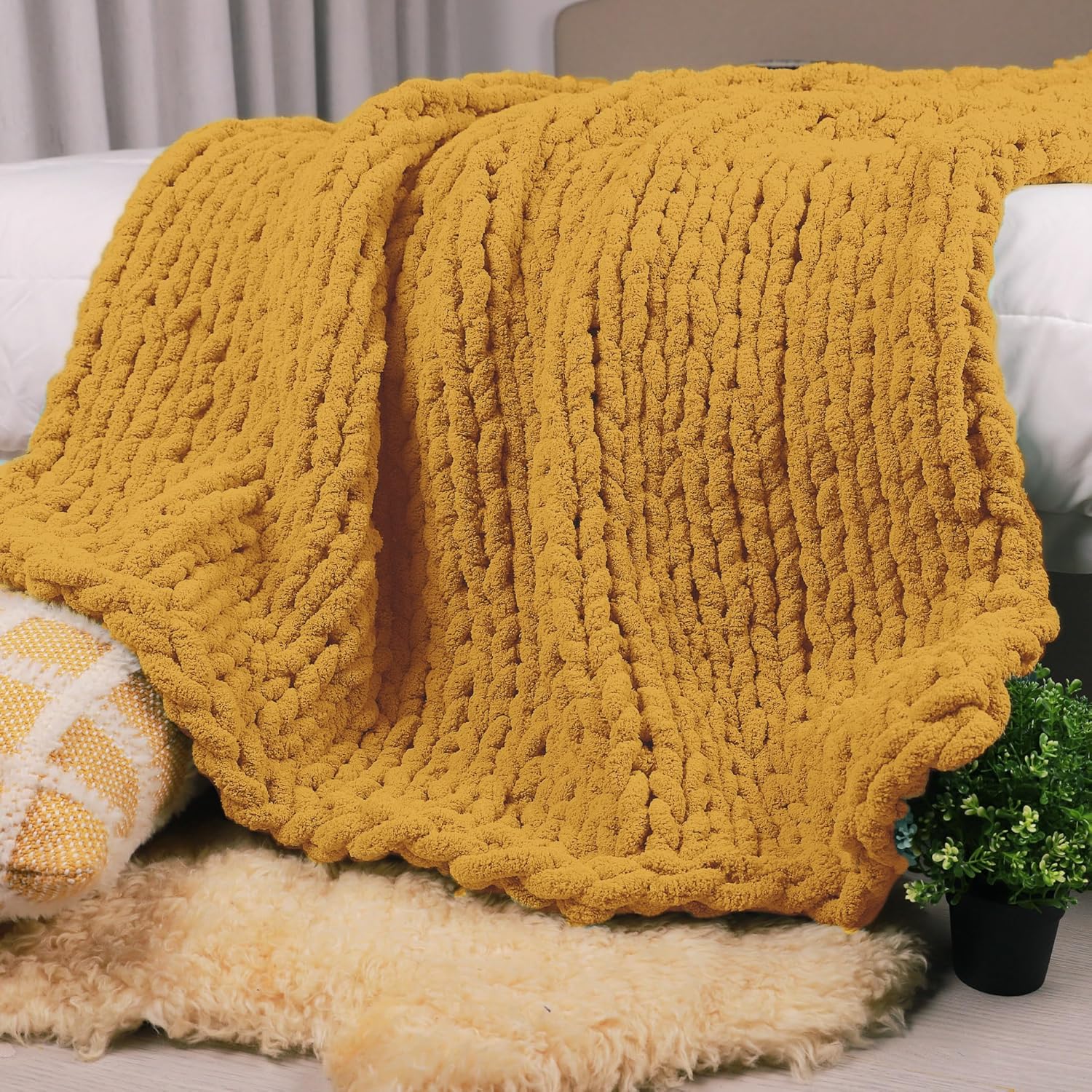 Knit Boho Beige Throw Pillow — 50" — Yellow