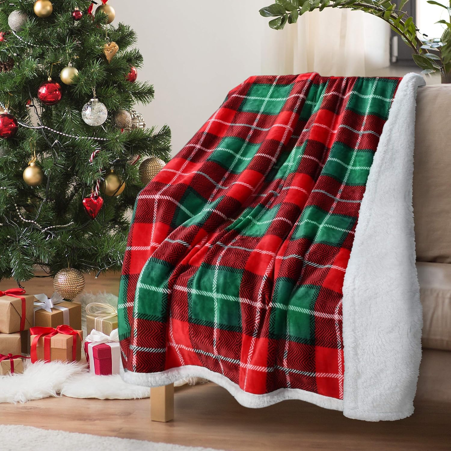Beige Throw Pillow — 50" — #Red Plaid