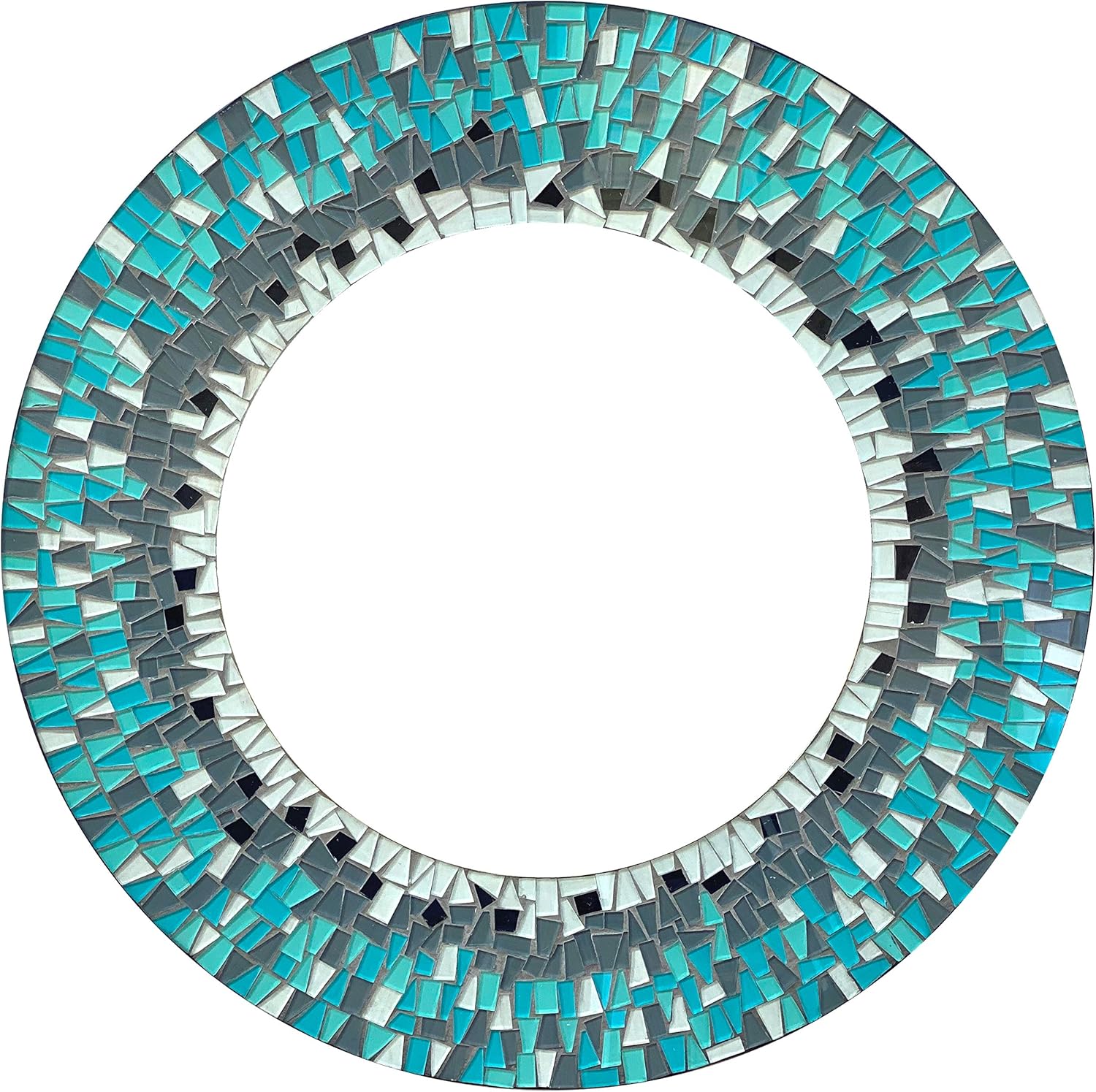 Handcrafted Blue Round Mirror — 24" — Sky Blue, Teal, Gray, White, Black