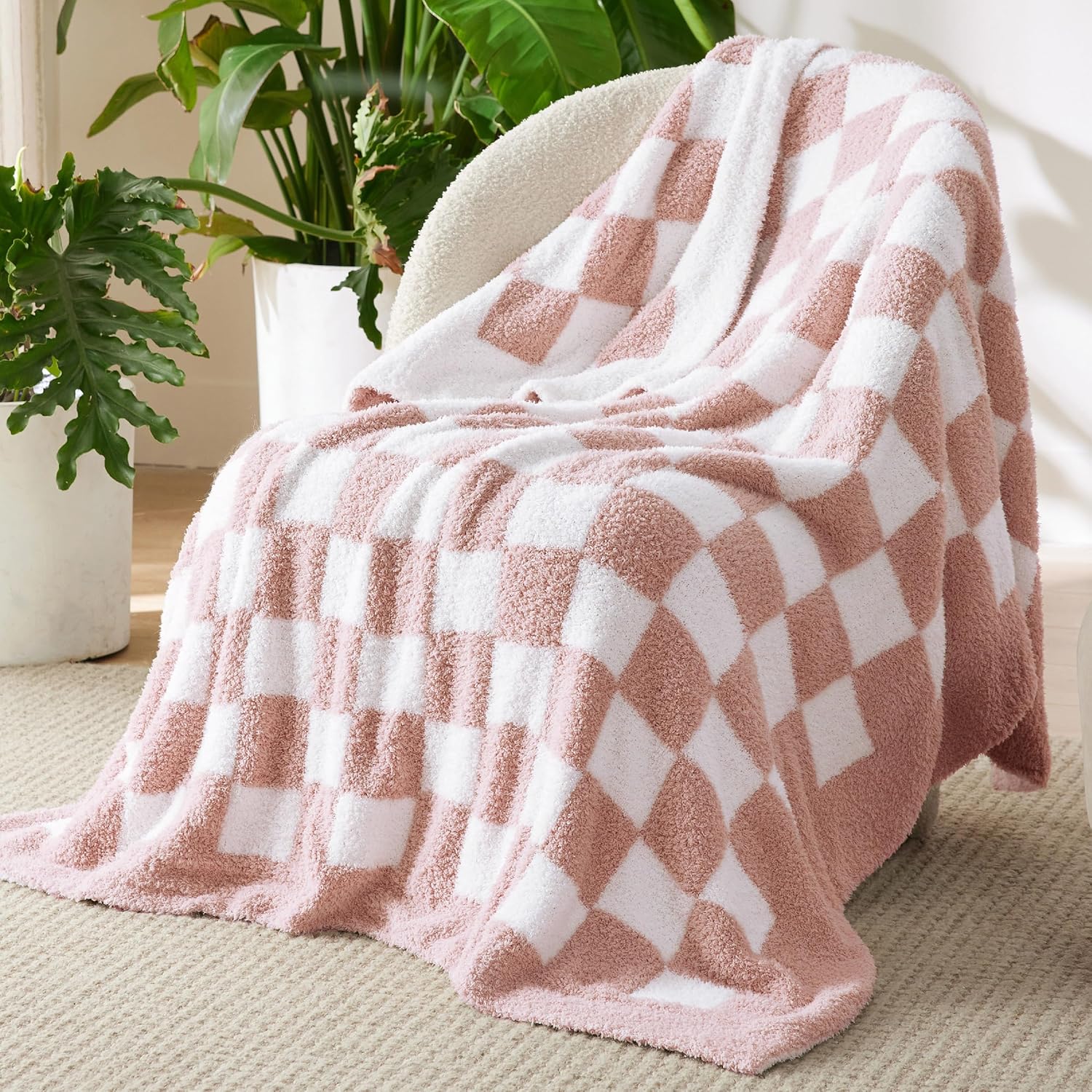 Knit Beige Throw Pillow — 50" — 05 - Checkered Pink
